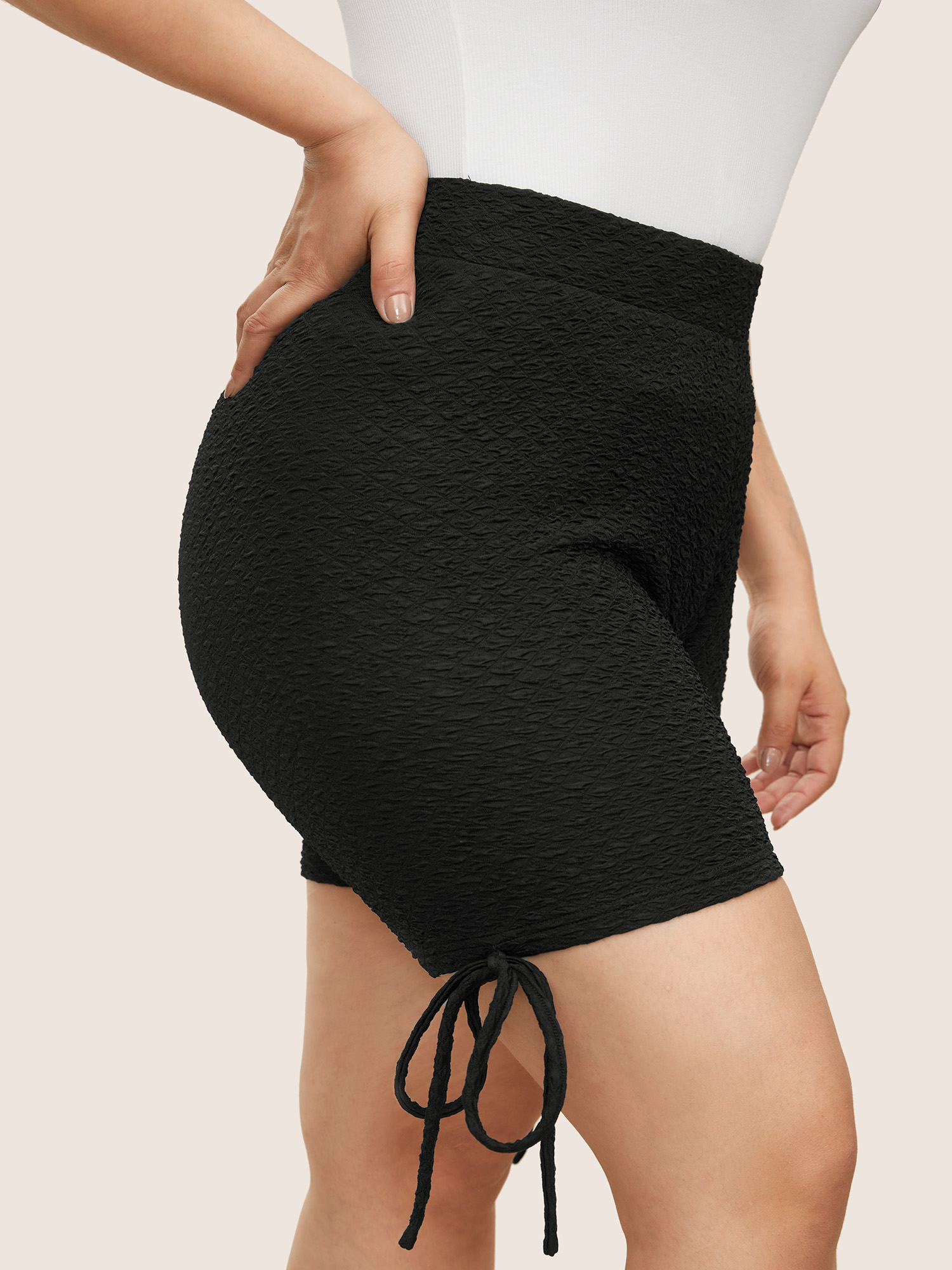 Plus Size Plisse Tie Knot Elastic Waist High Rise Leggings Women Black Casual High stretch Skinny High Rise Everyday Leggings BloomChic 30/6X 