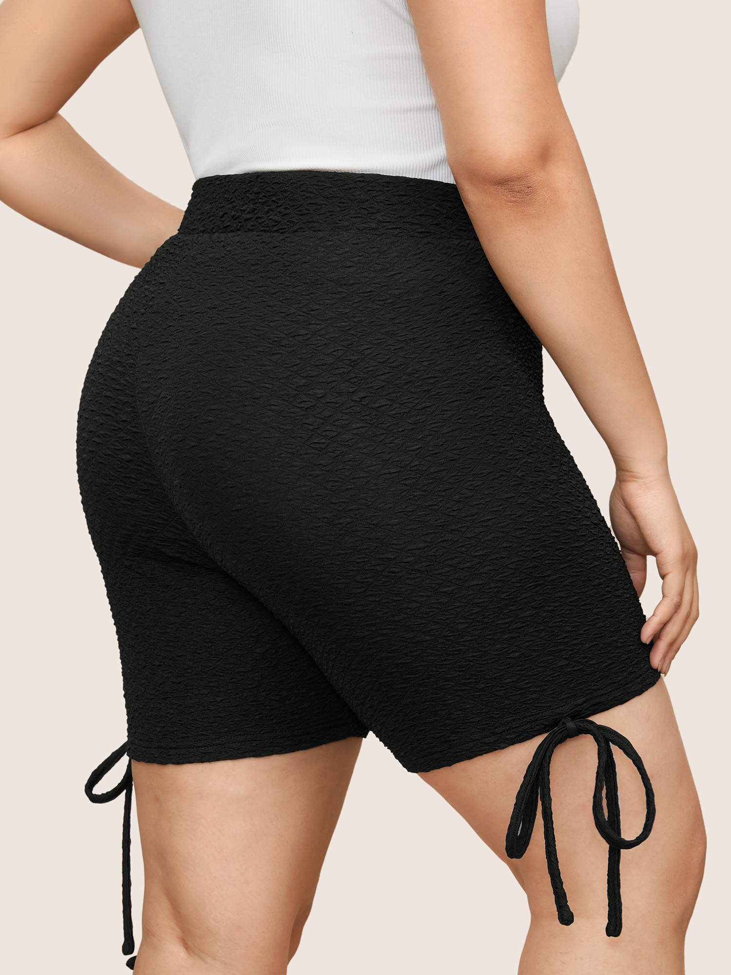 Plus Size Plisse Tie Knot Elastic Waist High Rise Leggings Women Black Casual High stretch Skinny High Rise Everyday Leggings BloomChic 30/6X 