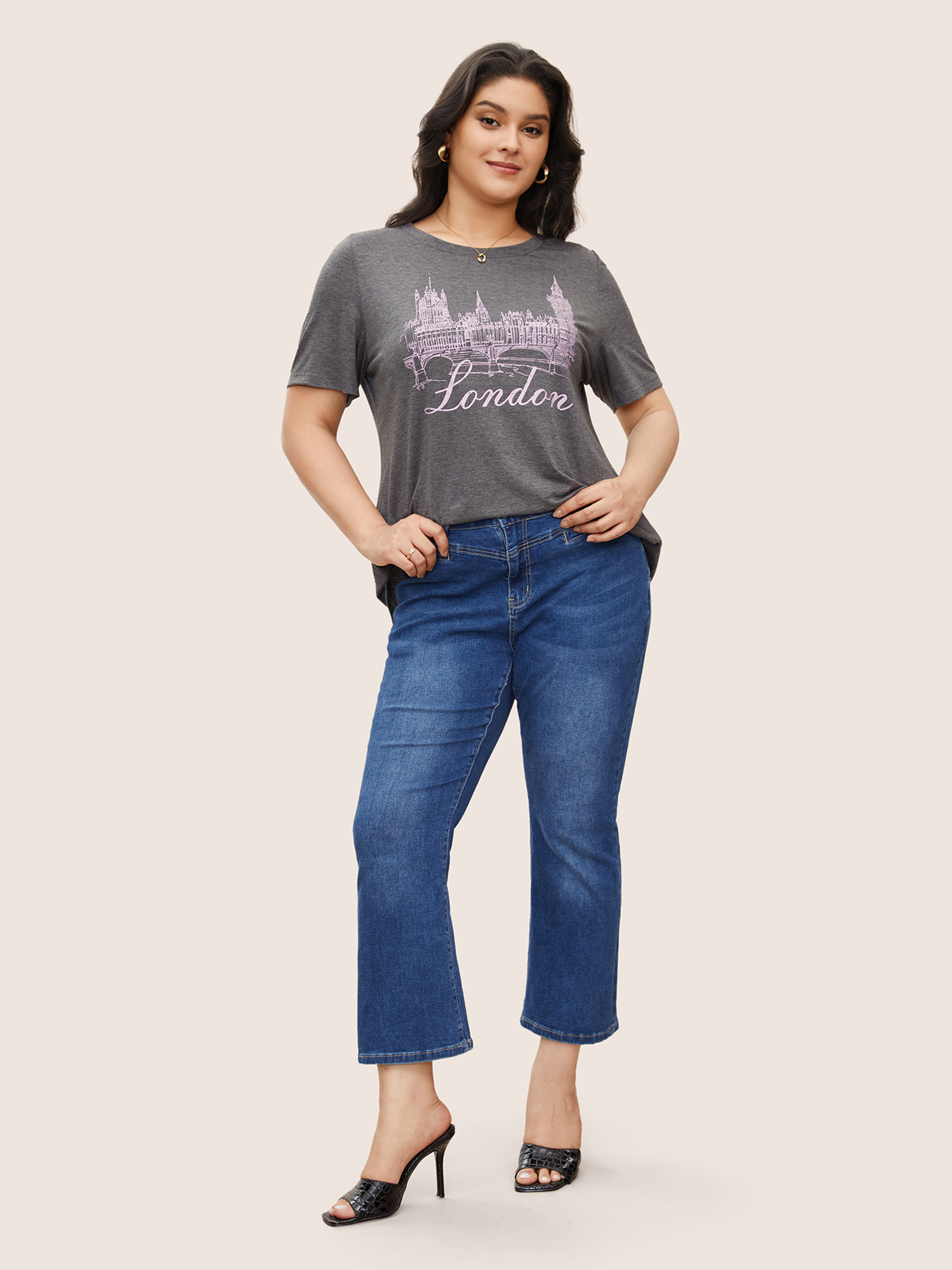 Plus Size City Print Heather Crew Neck T-shirt Gray Women Elegant Contrast Area Round Neck Everyday T-shirts BloomChic 30/6X 