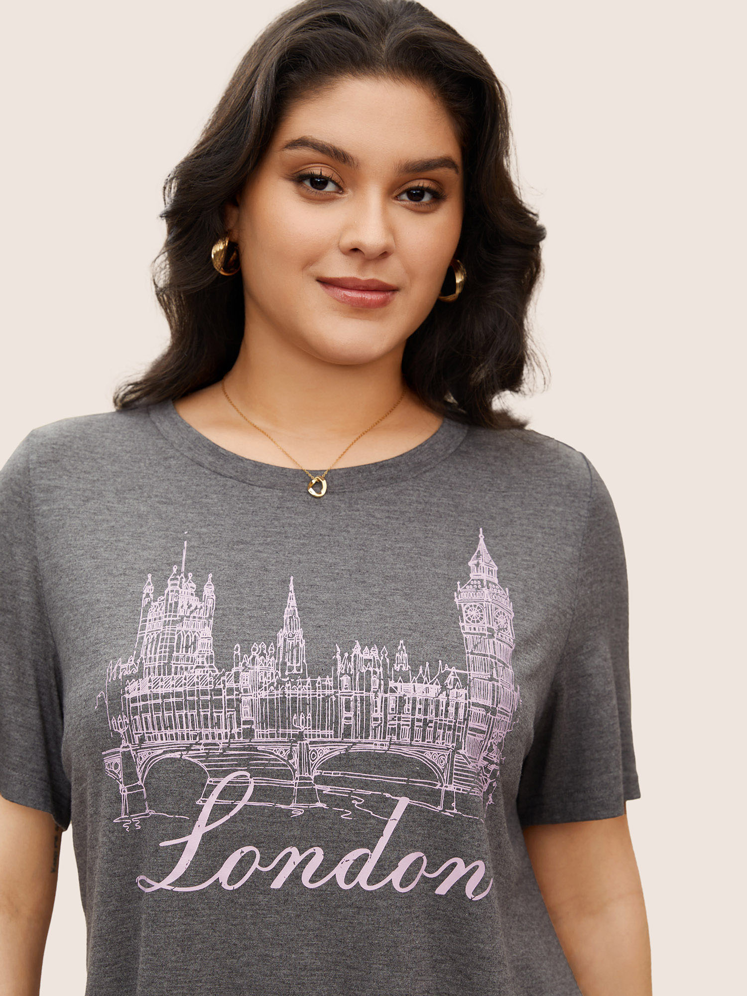 Plus Size City Print Heather Crew Neck T-shirt Gray Women Elegant Contrast Area Round Neck Everyday T-shirts BloomChic 30/6X 