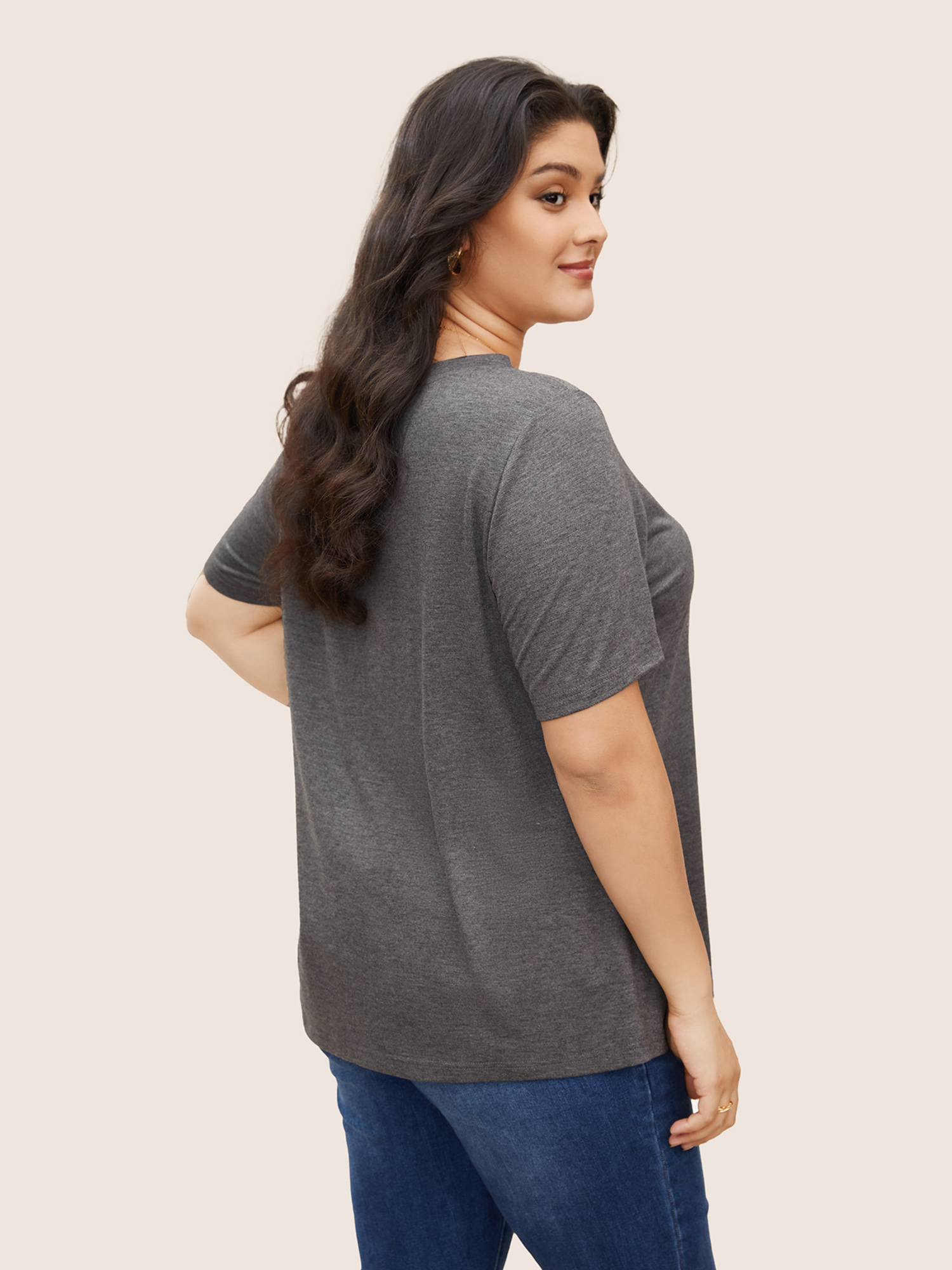Plus Size City Print Heather Crew Neck T-shirt Gray Women Elegant Contrast Area Round Neck Everyday T-shirts BloomChic 30/6X 