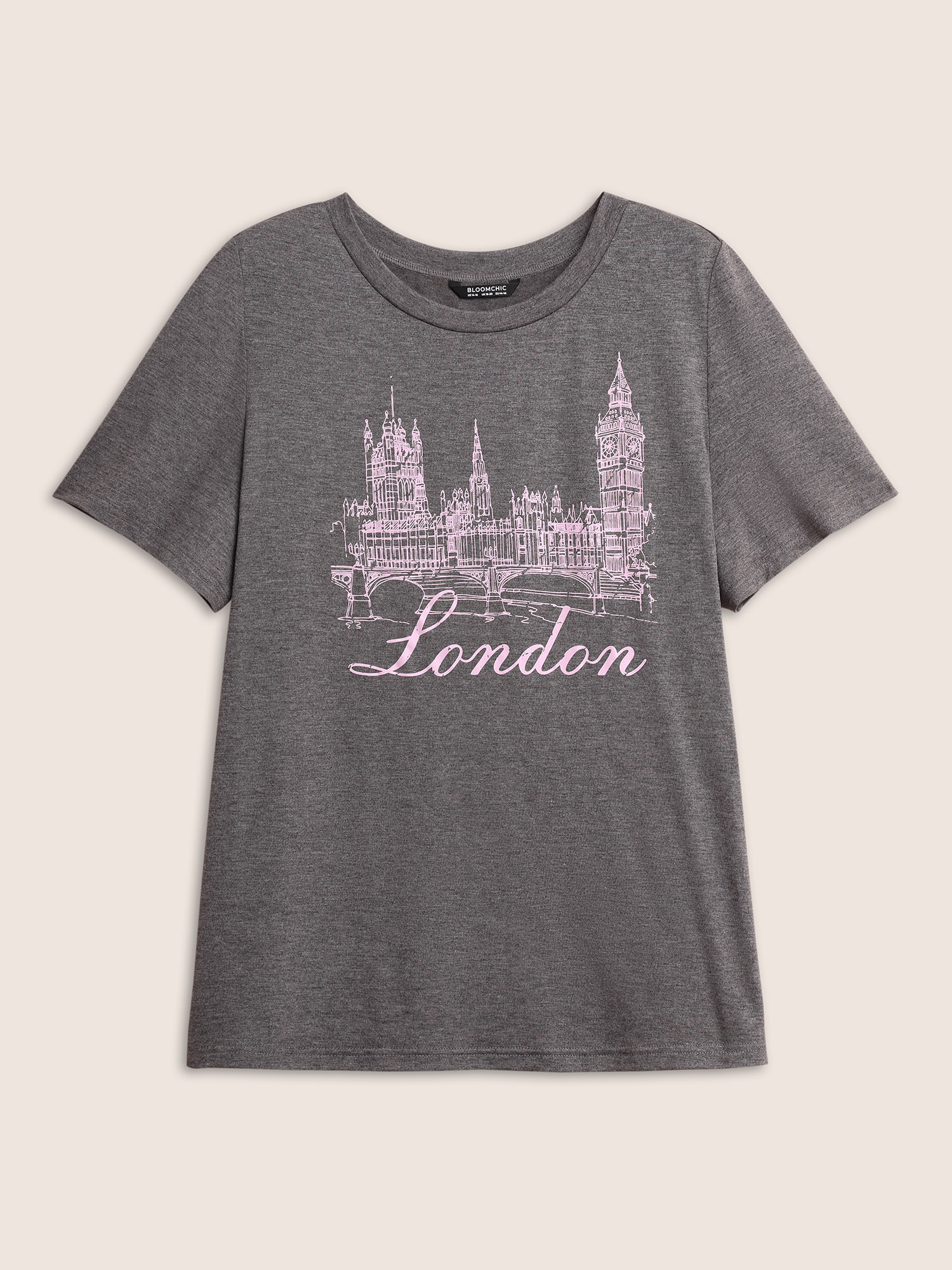 Plus Size City Print Heather Crew Neck T-shirt Gray Women Elegant Contrast Area Round Neck Everyday T-shirts BloomChic 30/6X 