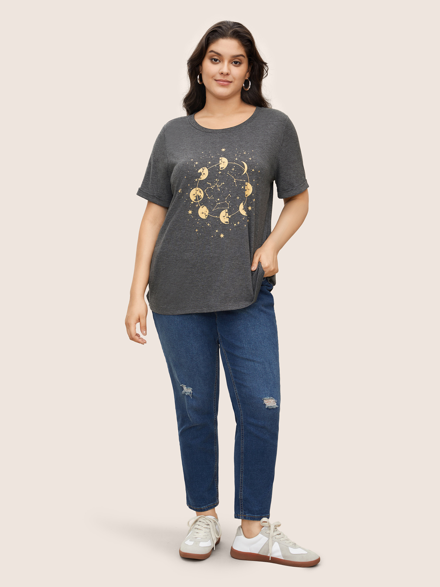 

Plus Size Moon & Star Print Cuffed Sleeve T-shirt DimGray Women Casual Star and moon Round Neck Everyday T-shirts BloomChic