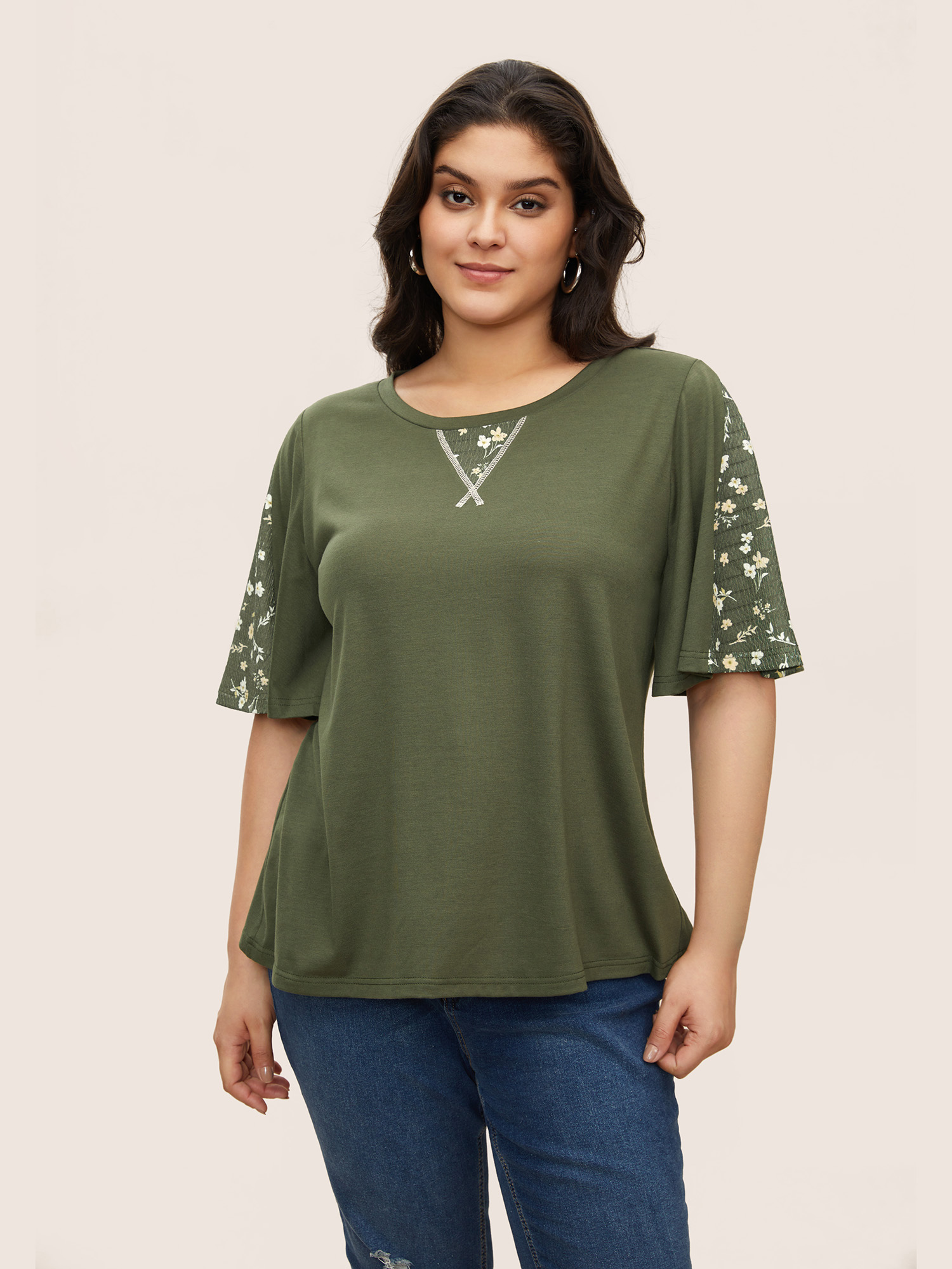 

Ditsy Floral Patchwork Round Neck T-shirt, Armygreen