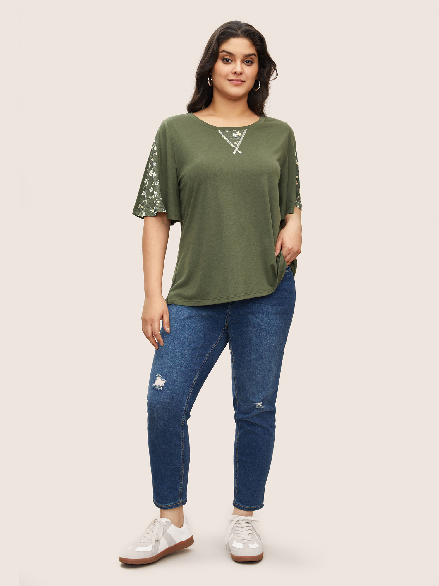 

Plus Size Ditsy Floral Patchwork Round Neck T-shirt ArmyGreen Women Casual Patchwork Round Neck Everyday T-shirts BloomChic