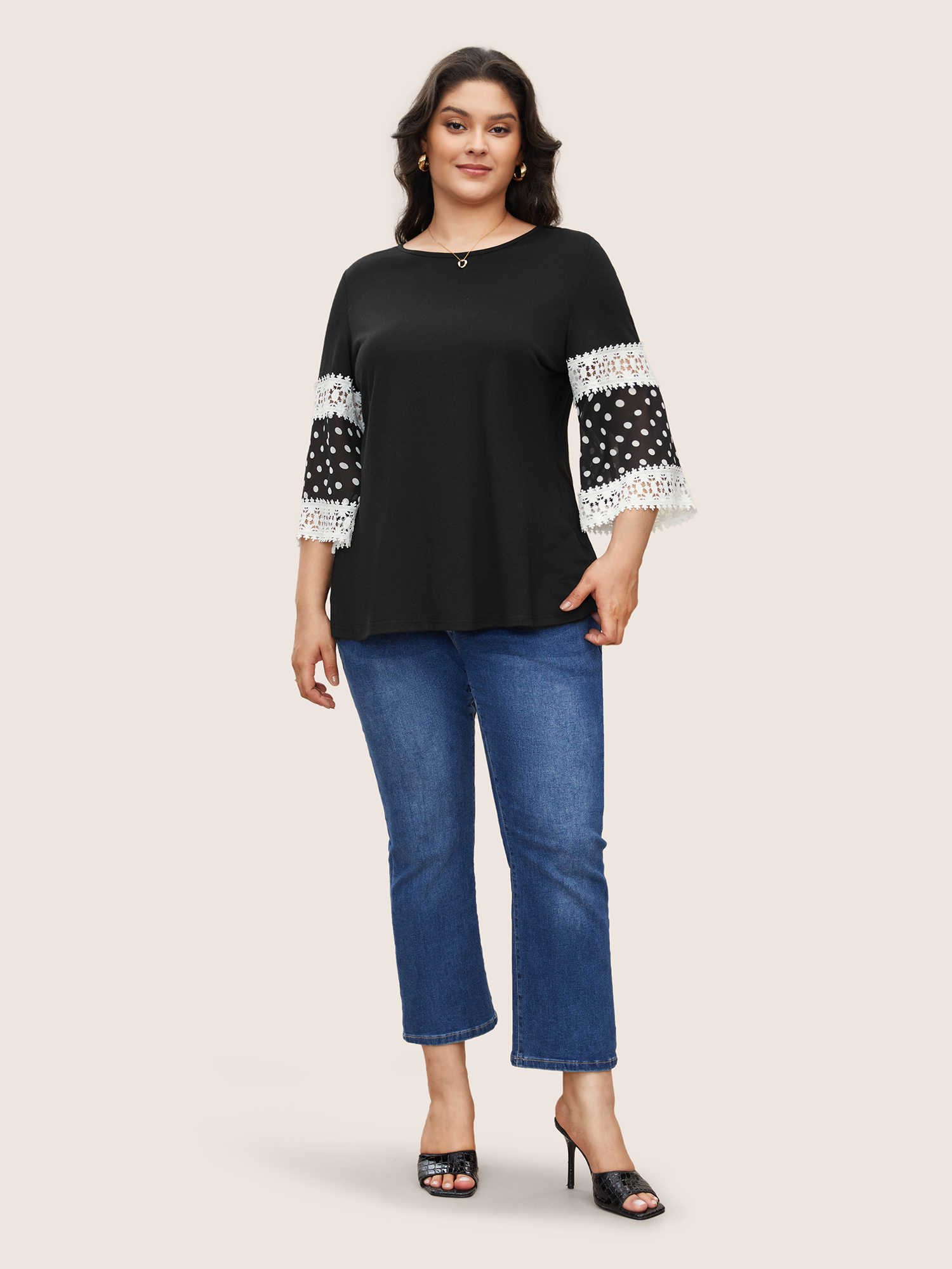 

Plus Size Polka Dot Patchwork Lace Panel Bell Sleeve T-shirt Black Round Neck Elbow-length sleeve Elegant Jersey Tops