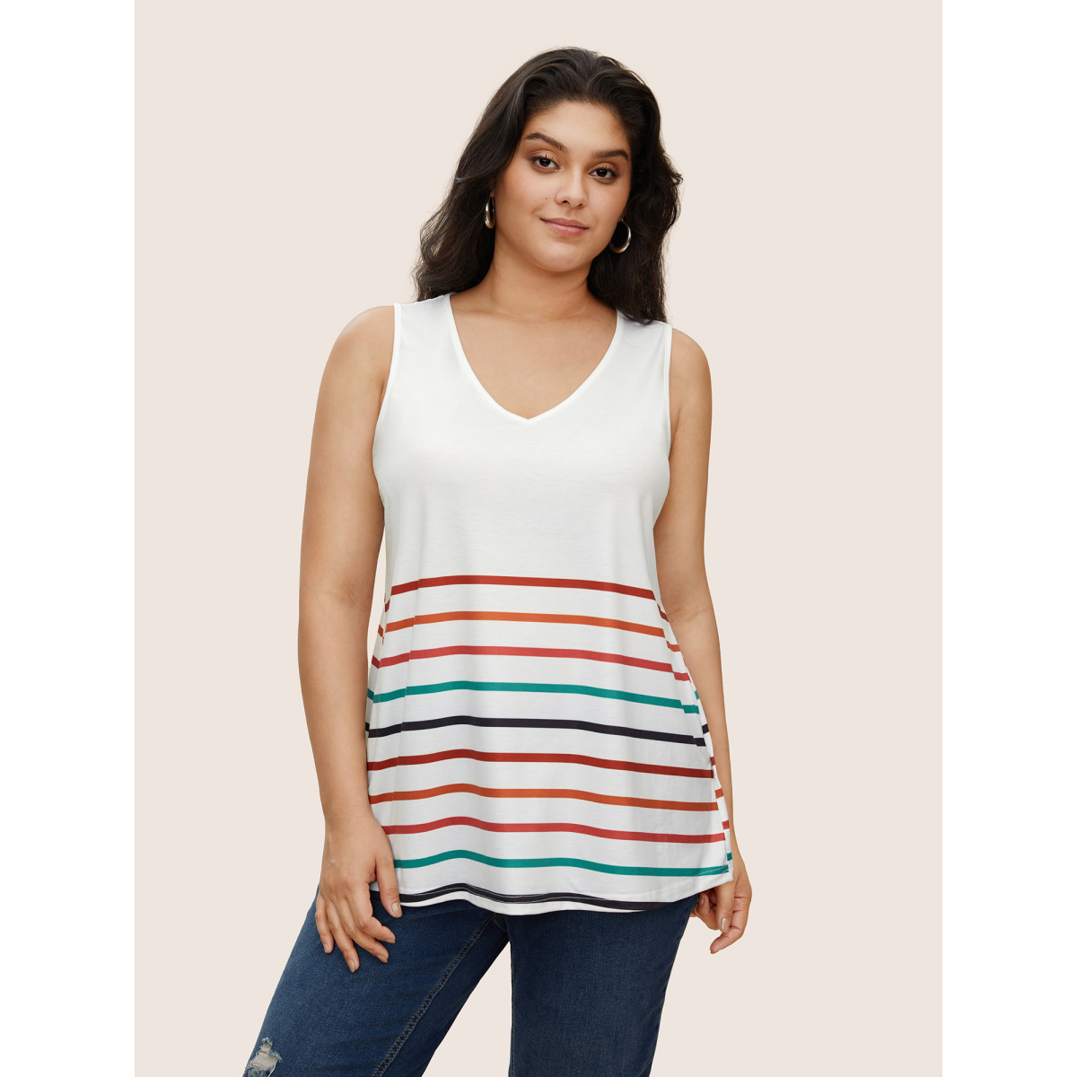 

Plus Size Colored Striped V Neck Tank Top Women White Casual V-neck Everyday Tank Tops Camis BloomChic