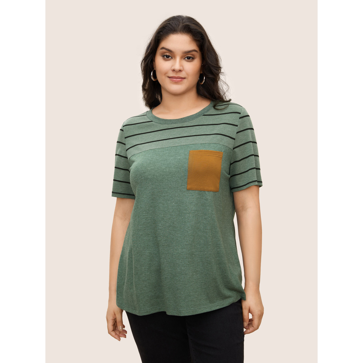 

Plus Size Stripes Patchwork Crew Neck Patched Pocket T-shirt Cyan Women Casual Contrast Everyday T-shirts BloomChic