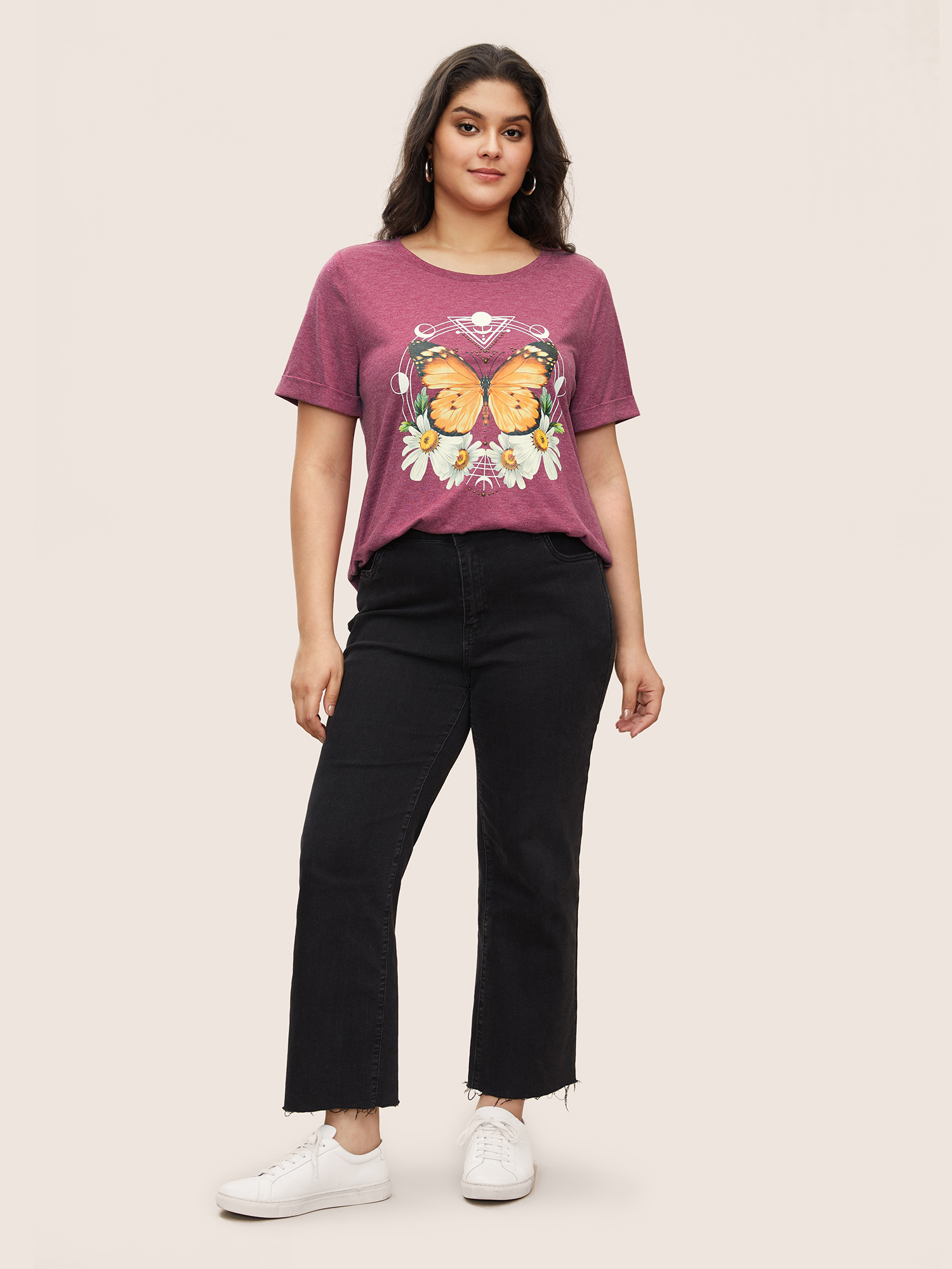 Plus Size Natural Flowers & Butterfly Print Rhinestone T-shirt Burgundy Women Casual Rhinestone detailing Animals Round Neck Everyday T-shirts BloomChic 26/4X 