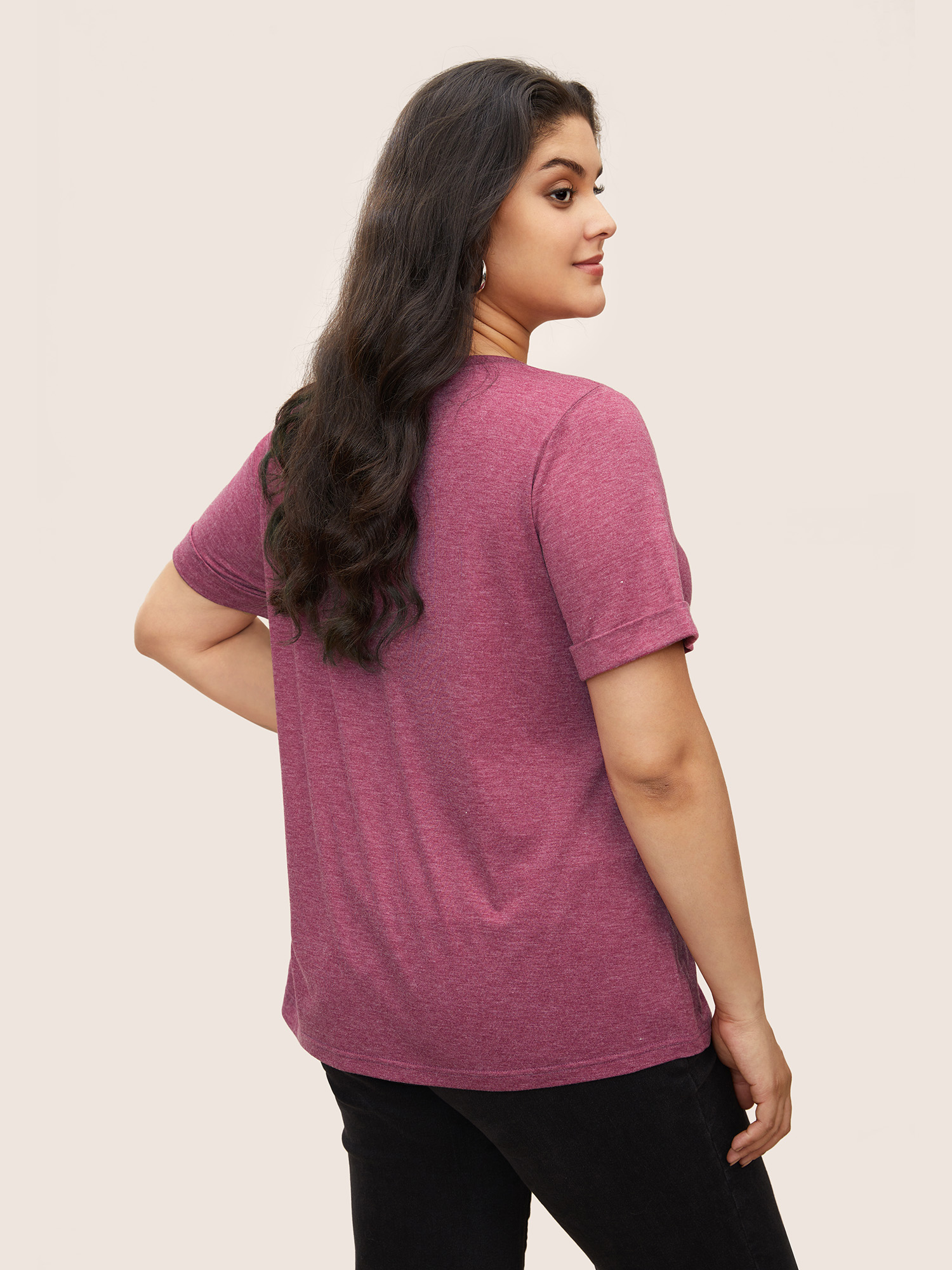 Plus Size Natural Flowers & Butterfly Print Rhinestone T-shirt Burgundy Women Casual Rhinestone detailing Animals Round Neck Everyday T-shirts BloomChic 26/4X 