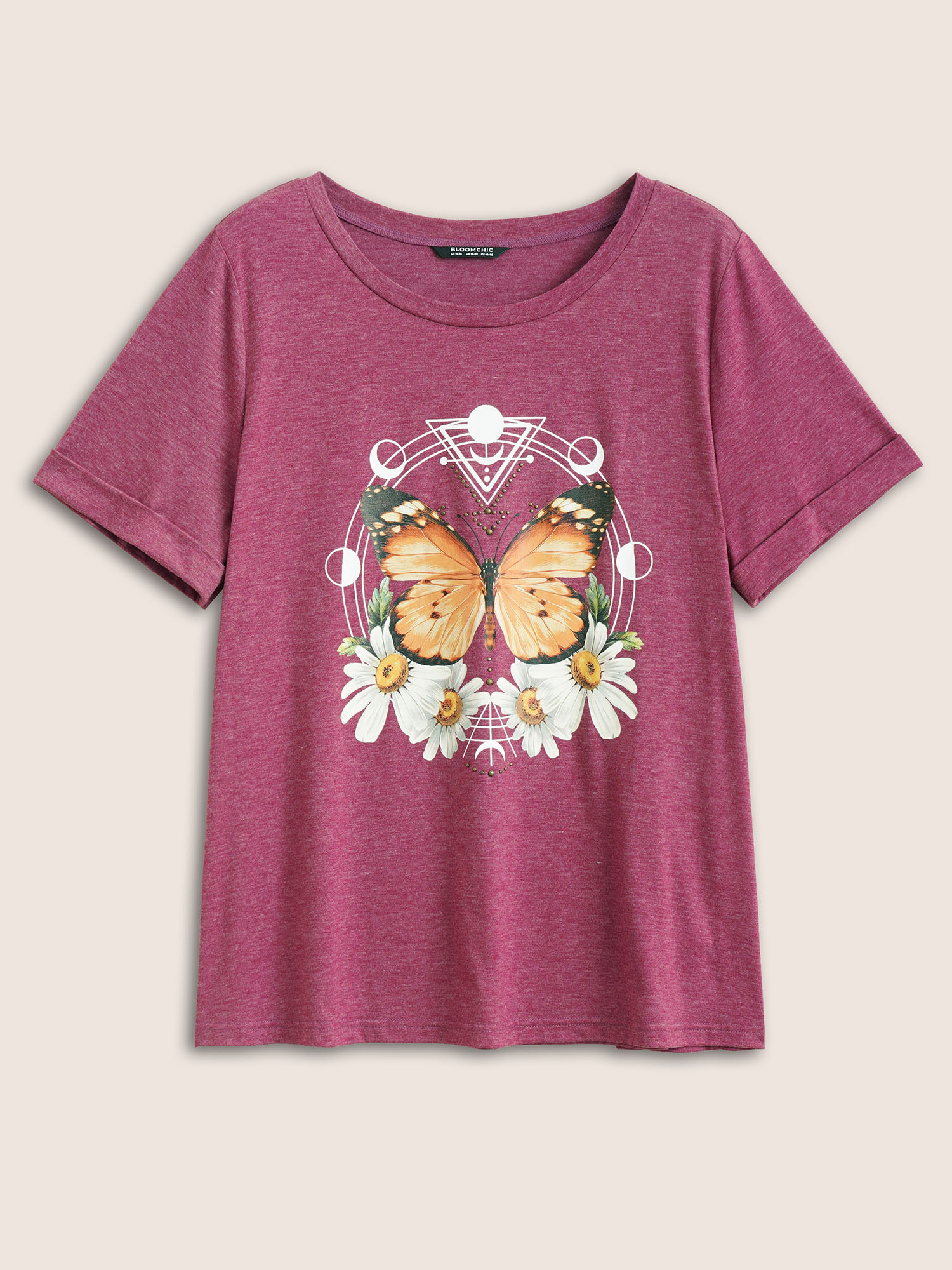 Plus Size Natural Flowers & Butterfly Print Rhinestone T-shirt Burgundy Women Casual Rhinestone detailing Animals Round Neck Everyday T-shirts BloomChic 26/4X 