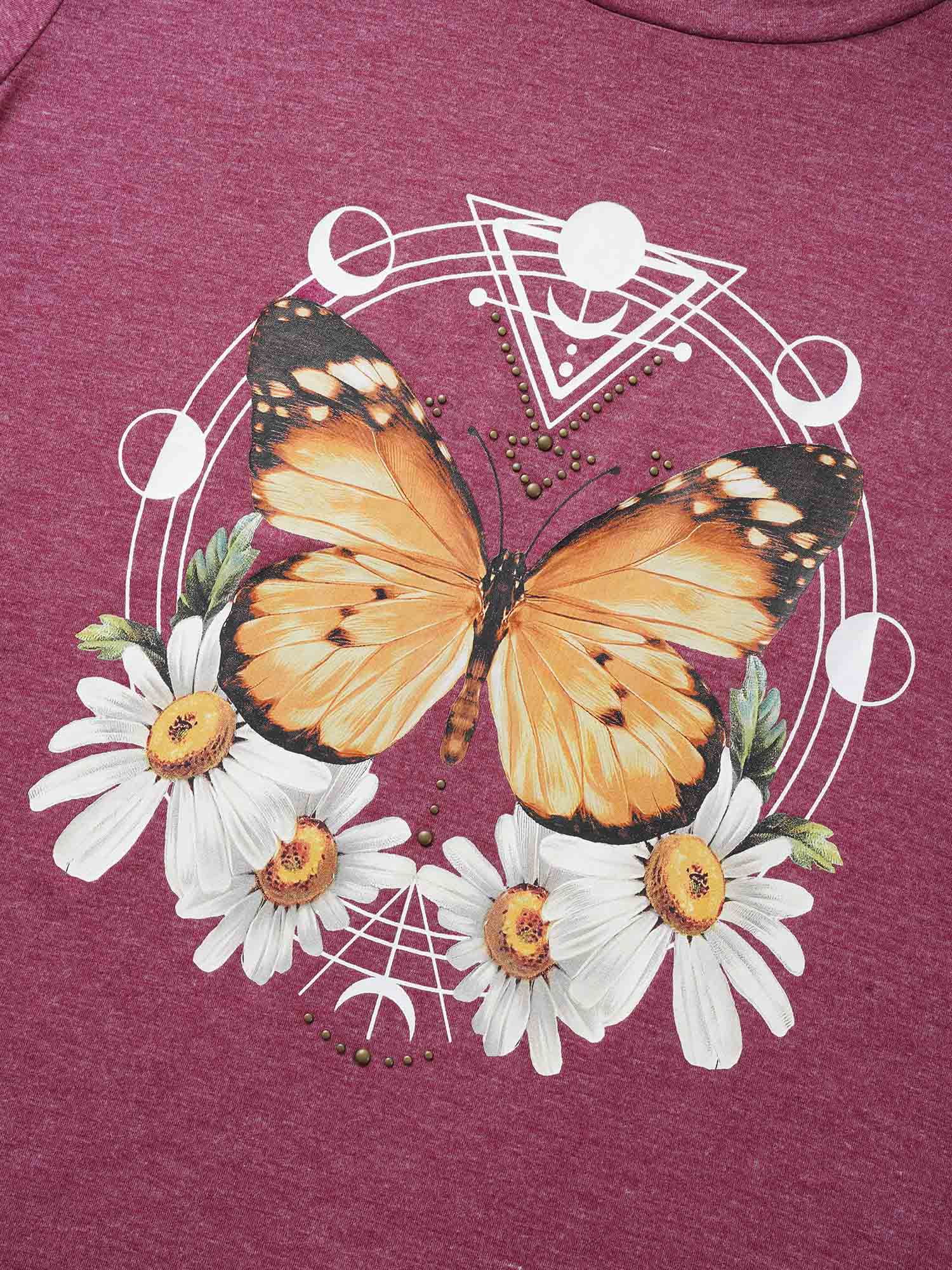 Plus Size Natural Flowers & Butterfly Print Rhinestone T-shirt Burgundy Women Casual Rhinestone detailing Animals Round Neck Everyday T-shirts BloomChic 26/4X 
