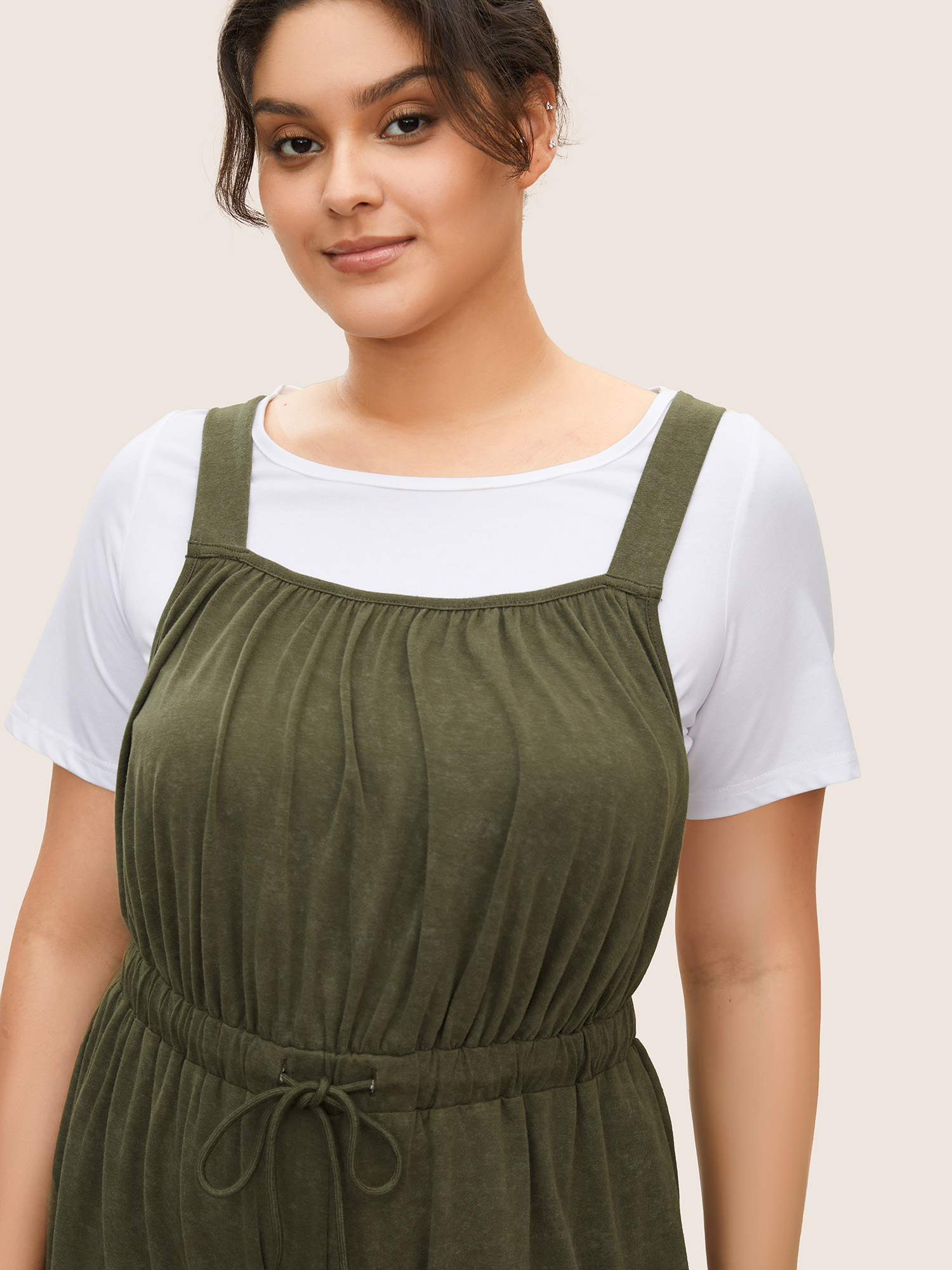 

Plus Size Plain Drawstring Gathered Sleep Jumpsuit ArmyGreen Gathered Everyday Casual Sleep Jumpsuits/Rompers  Bloomchic