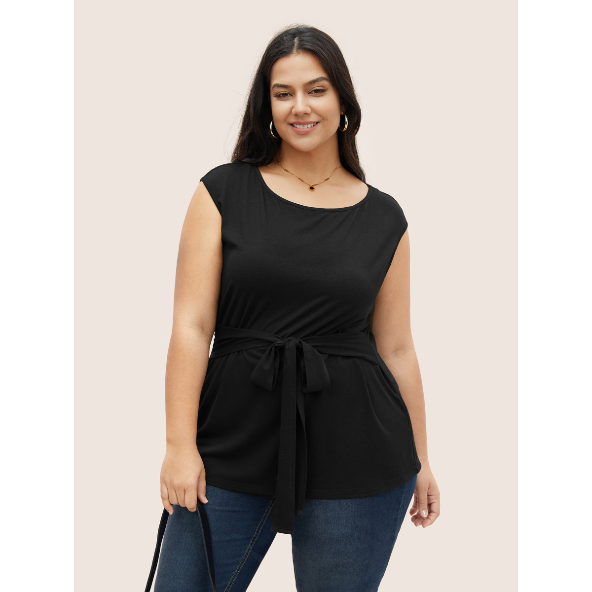 

Plus Size Supersoft Essentials Plain Cap Sleeve Tie Knot Knit Top Black Women At the Office Tie knot Boat Neck Work T-shirts BloomChic