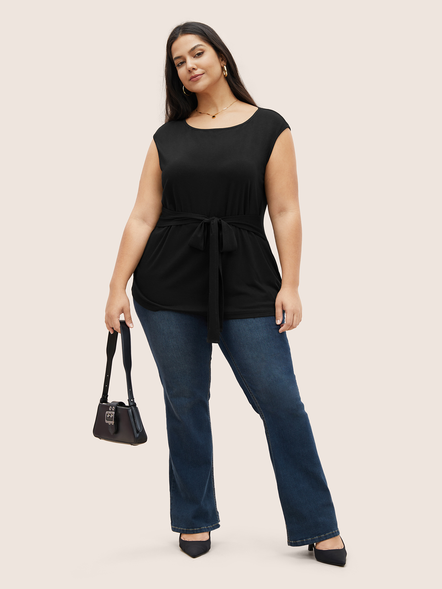 

Plus Size Supersoft Essentials Plain Cap Sleeve Tie Knot Knit Top Black Women At the Office Tie knot Boat Neck Work T-shirts BloomChic