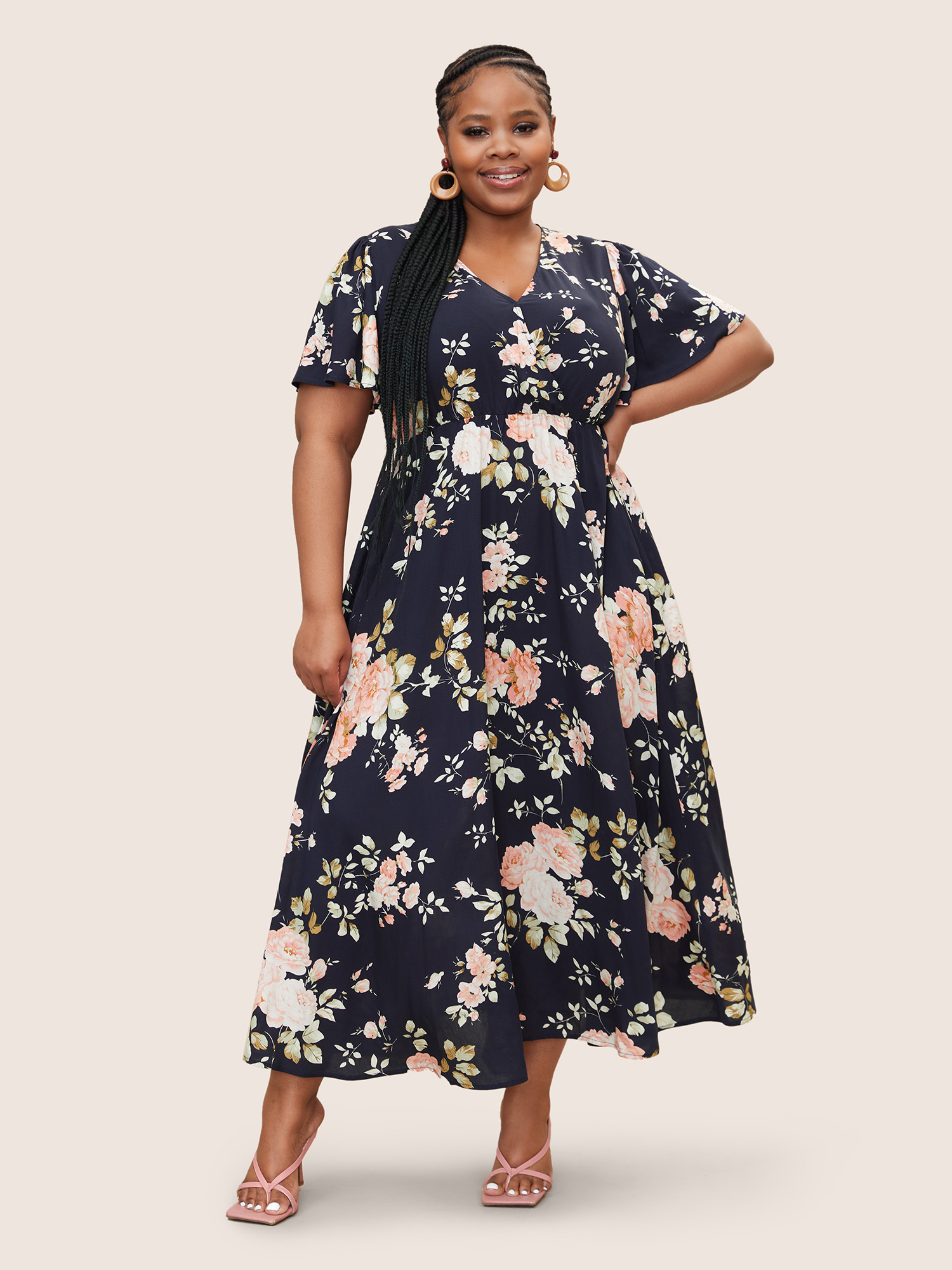 Bloomchic Bloom Dress - Flutter Sleeve Ditsy Floral Pocket Split Maxi Dress In Blue