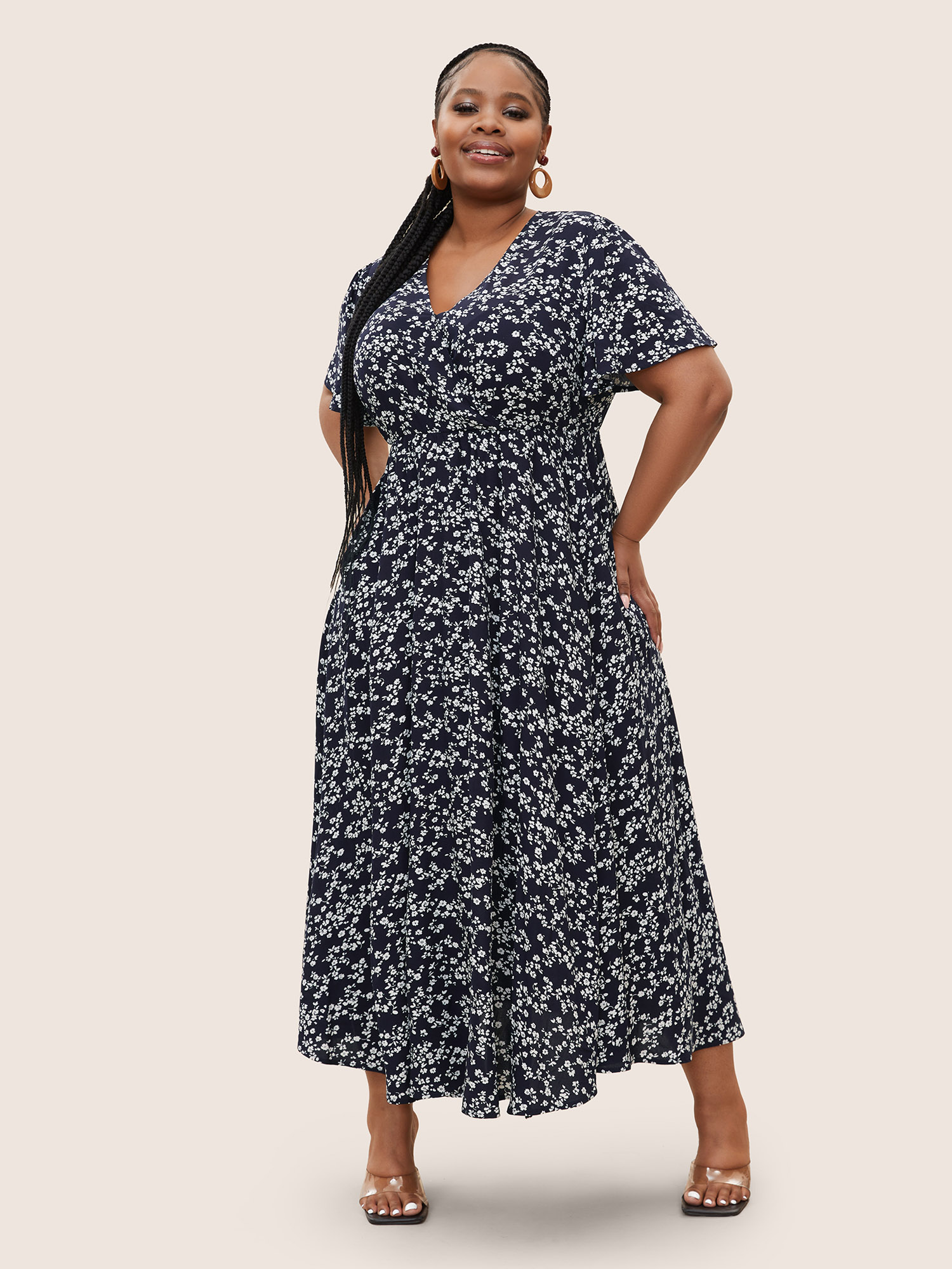 Bloomchic Bloom Dress - Flutter Sleeve Ditsy Floral Pocket Split Maxi Dress In Blue
