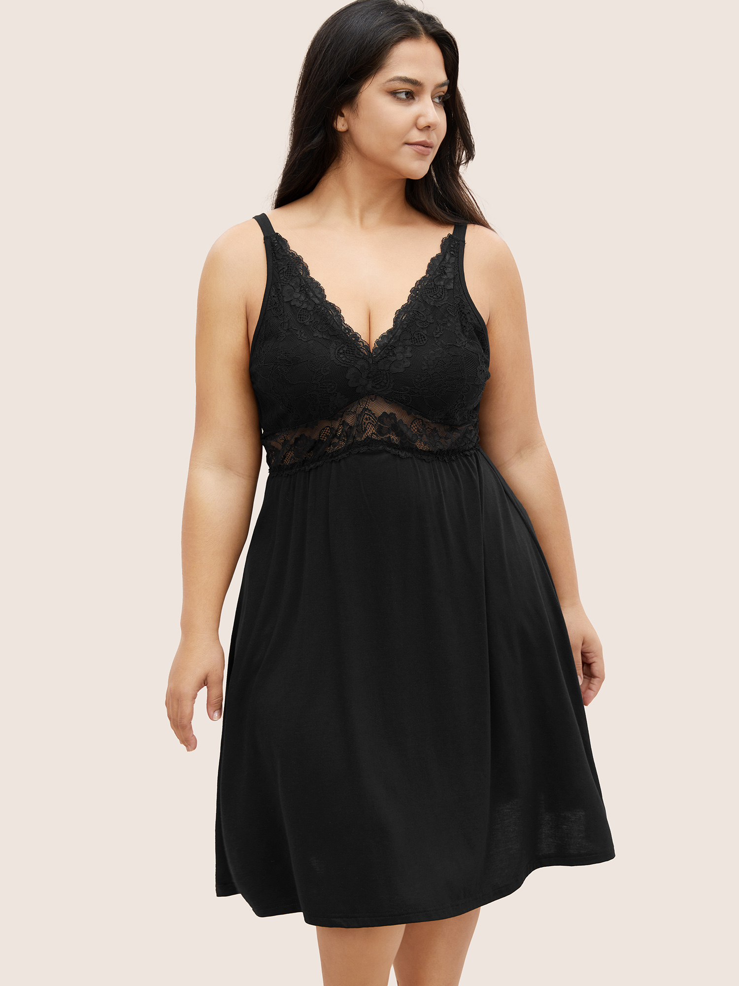 

Plus Size Solid Crochet Lace Mesh Sleep Dress Black Sleeveless Lace collar Elegant Everyday  Bloomchic