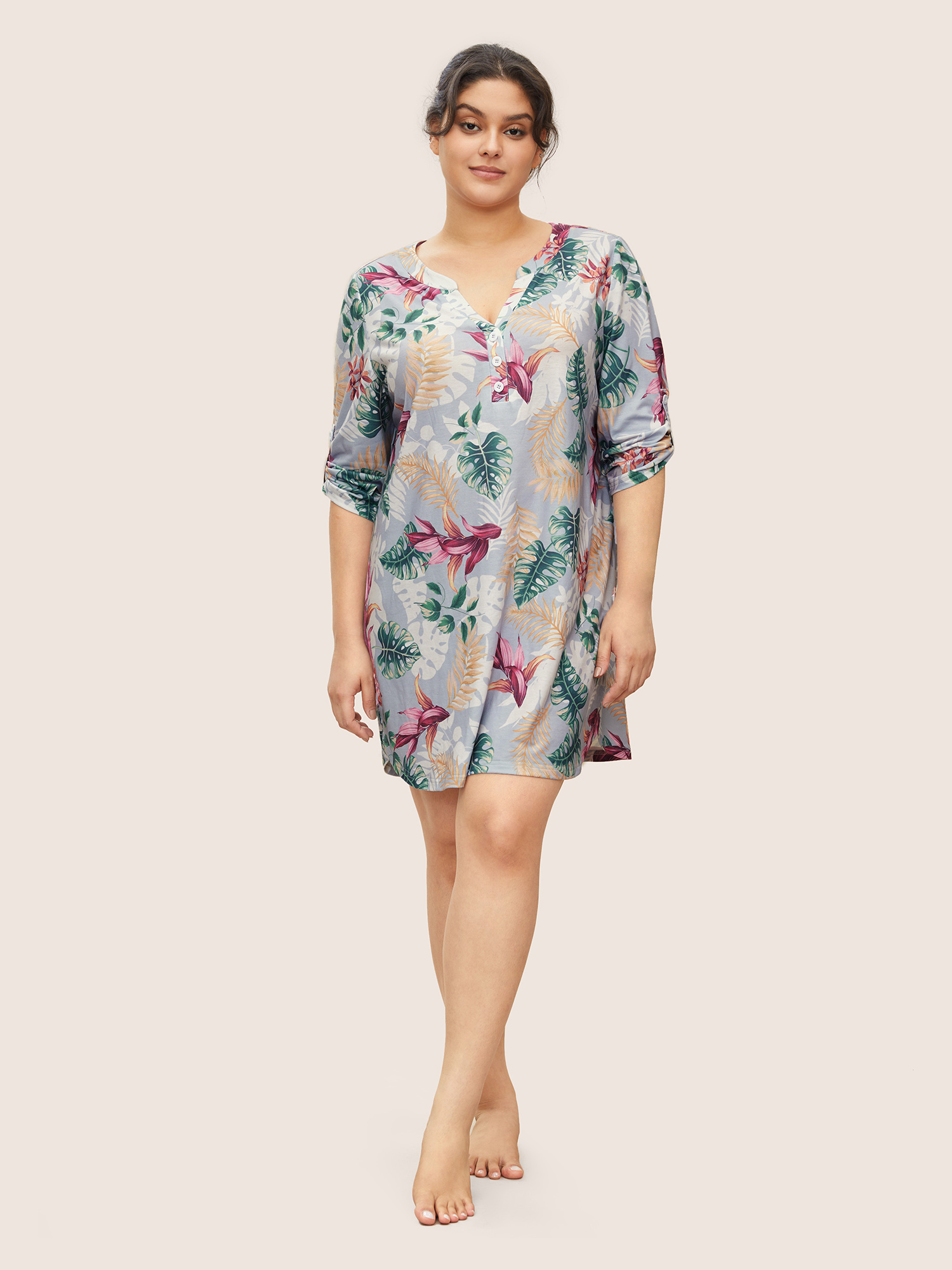

Plus Size Tropical Print Button Cuff Sleeve Sleep Dress Multicolor Half Sleeve Flat collar with V-notch Casual Everyday  Bloomchic