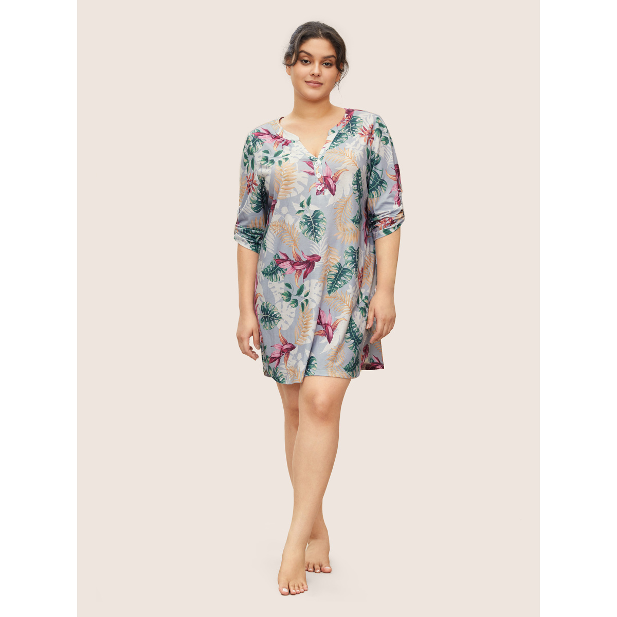 

Plus Size Tropical Print Button Cuff Sleeve Sleep Dress Multicolor Half Sleeve Flat collar with V-notch Casual Everyday  Bloomchic