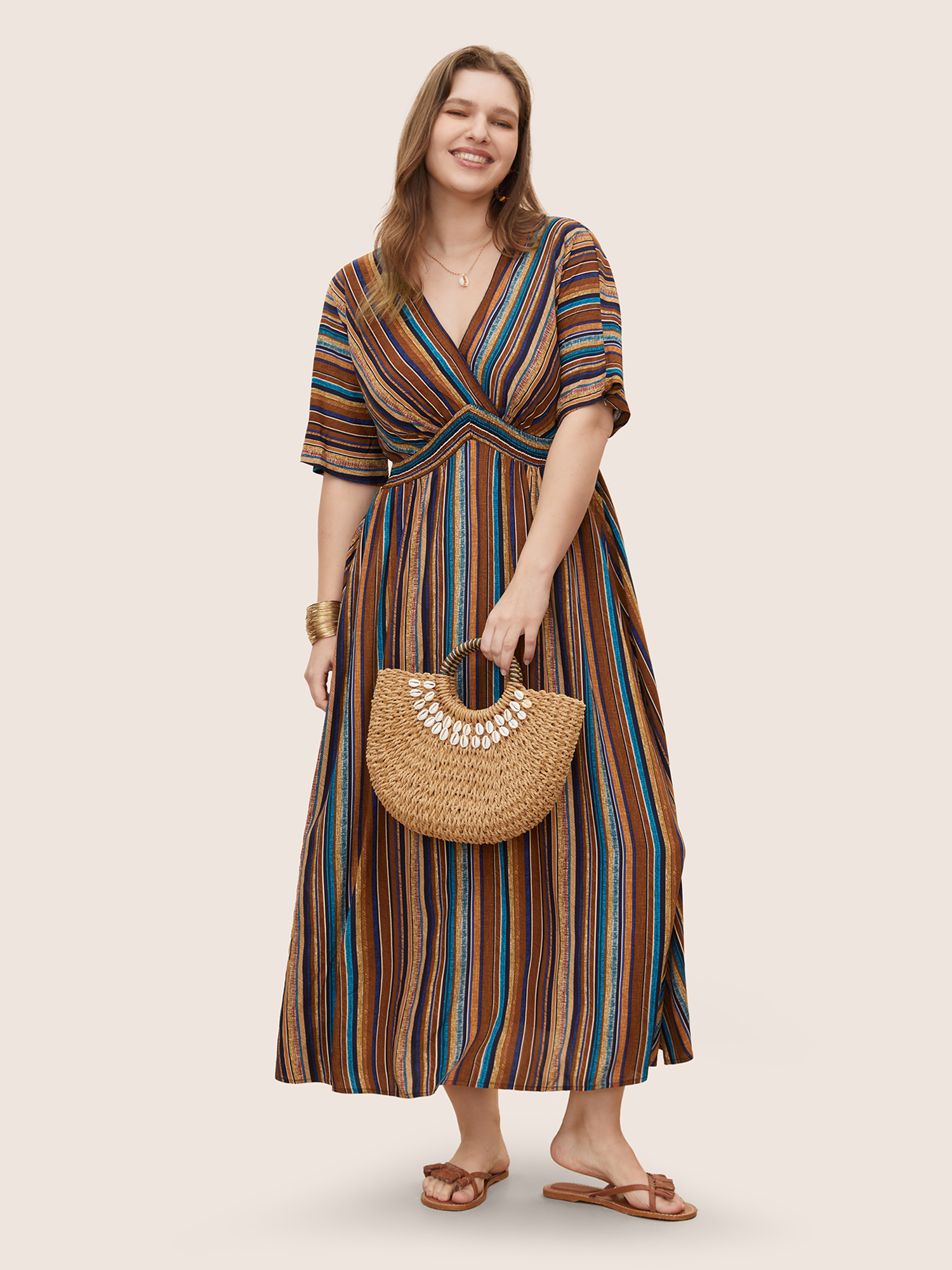 Bloomchic Striped Contrast Dolman Sleeve Shirred Pocket Split Flutter Dress In Brown