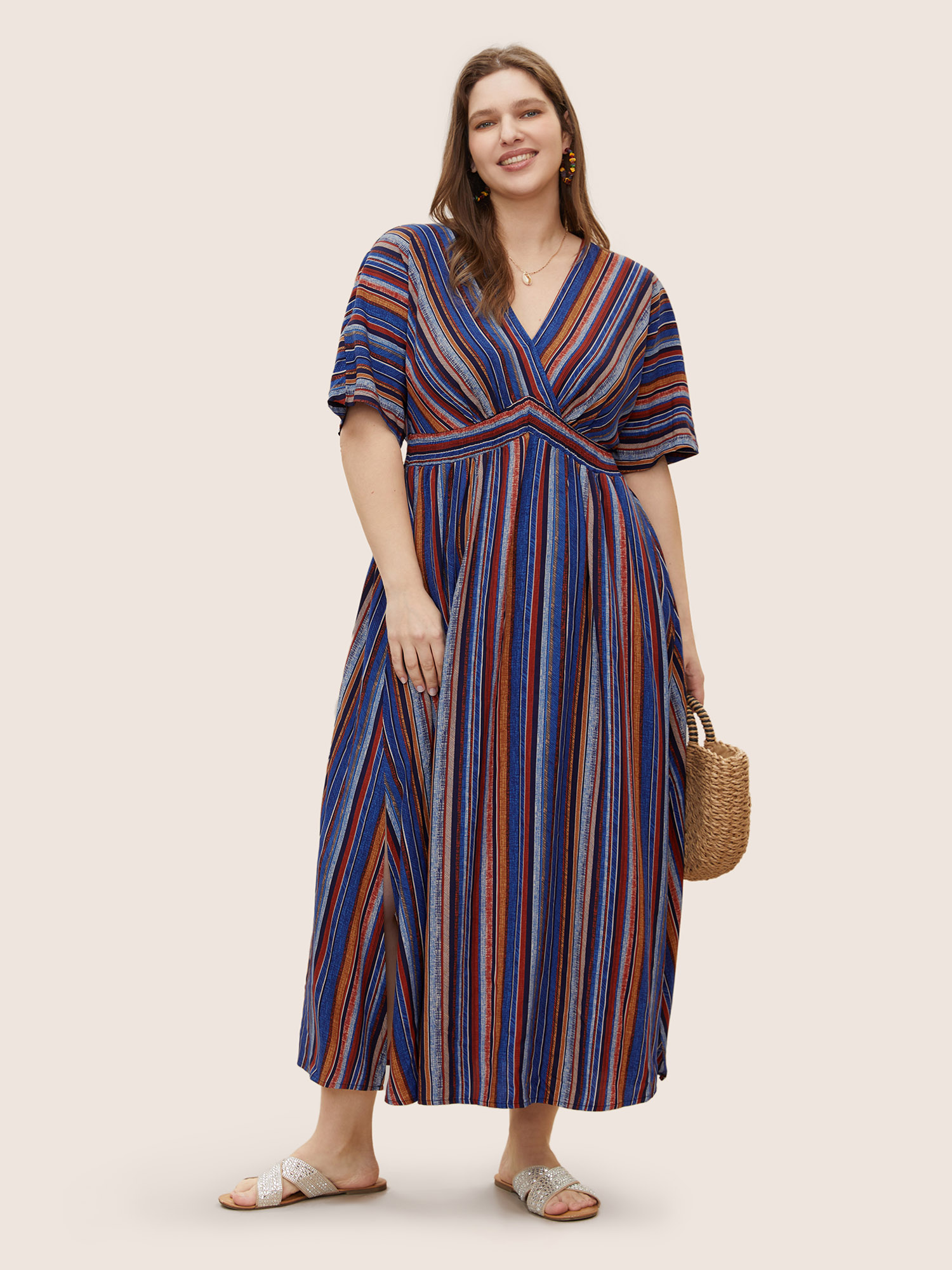 Bloomchic Striped Contrast Dolman Sleeve Shirred Pocket Split Flutter Dress In Blue