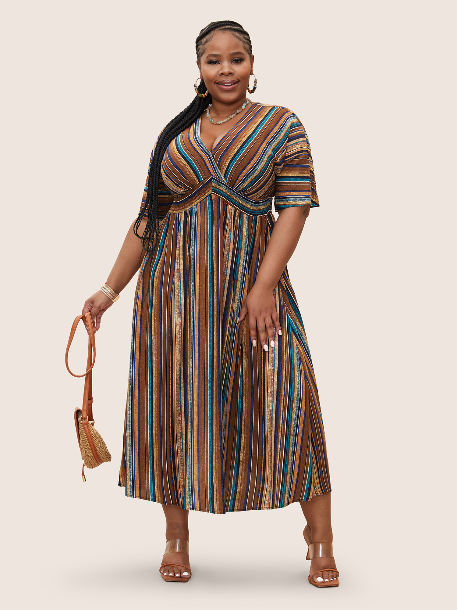 

Plus Size Striped Contrast Dolman Sleeve Shirred Pocket Split Flutter Dress Multicolor Women Resort Non V-neck Half Sleeve Curvy BloomChic