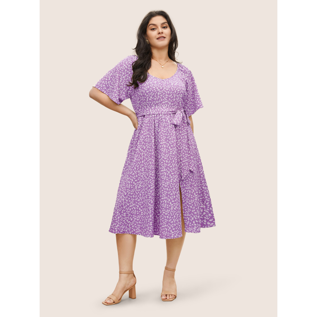 

Plus Size Ditsy Floral Elastic Waist Belted Scoop Neck Dress Lilac Women Non Scoop Neck Short sleeve Curvy Midi Dress BloomChic