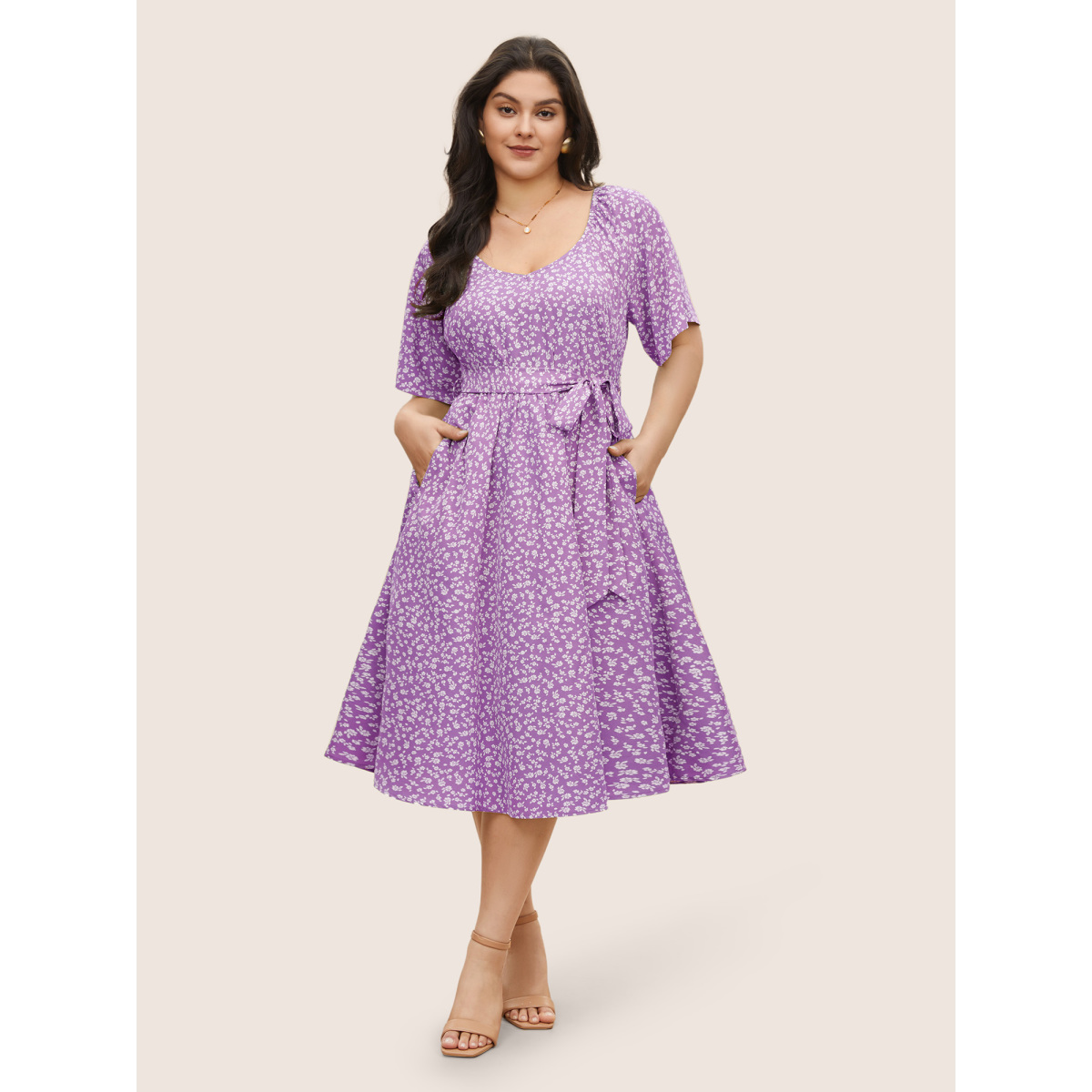 

Plus Size Ditsy Floral Elastic Waist Belted Scoop Neck Dress Lilac Women Non Scoop Neck Short sleeve Curvy Midi Dress BloomChic