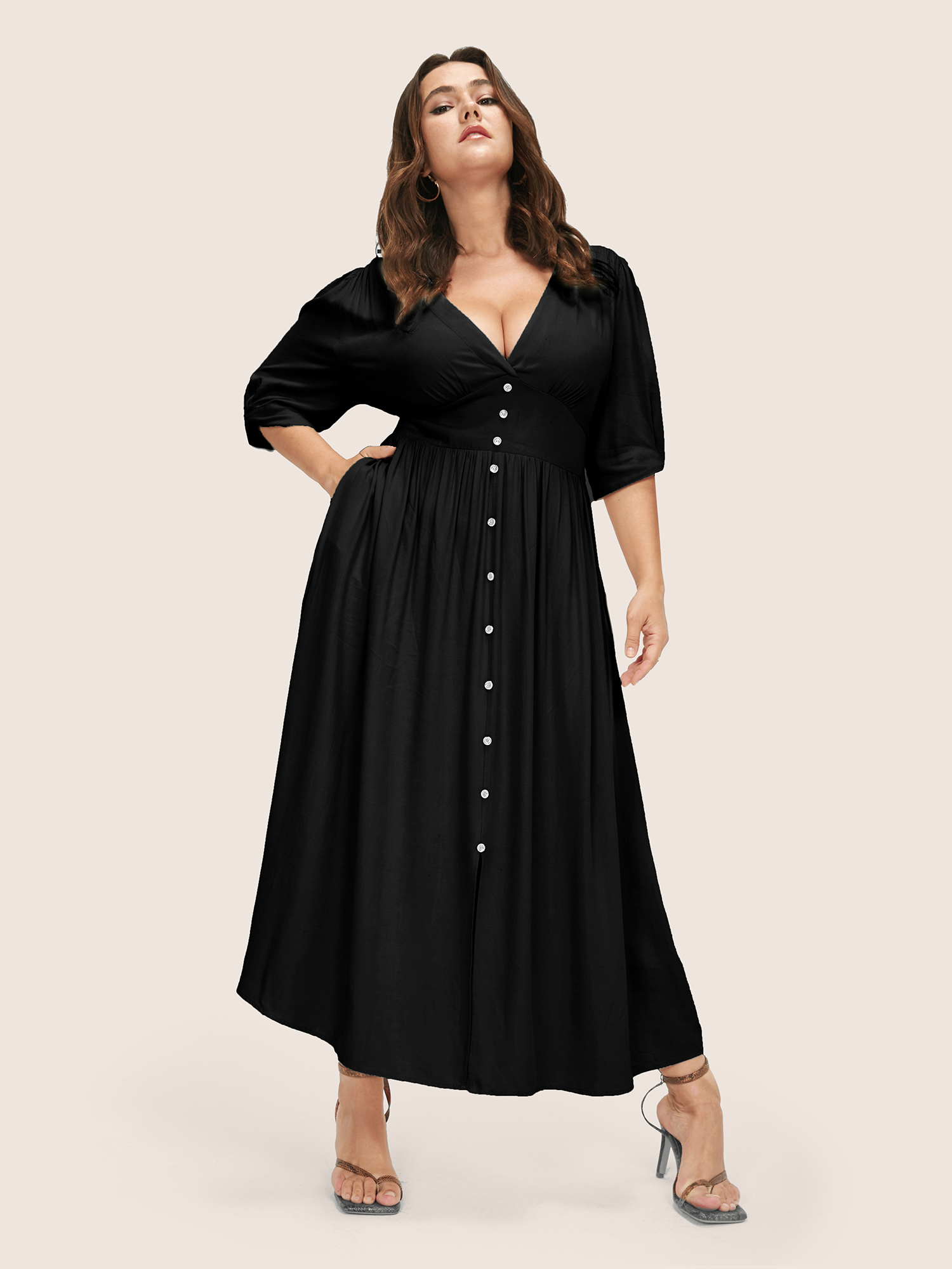 

Plus Size Plunging Neck Button Detail Pocket Maxi Dress Black Women Resort Gathered V-neck Short sleeve Curvy Long Dress BloomChic