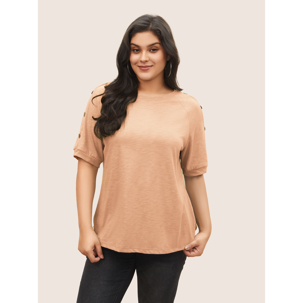 

Plus Size Plain Button Detail Raglan Sleeve T-shirt Apricot Women Casual Non Plain Non Everyday T-shirts BloomChic