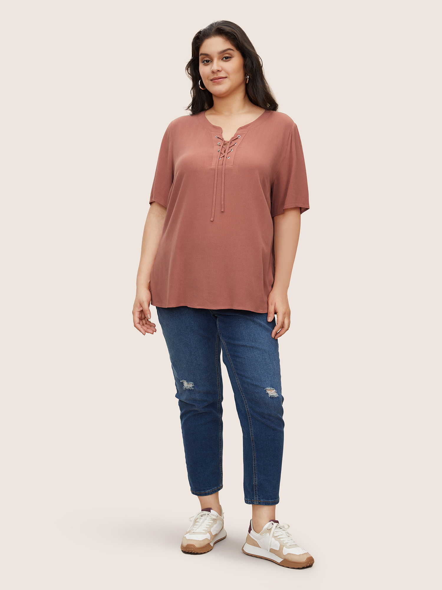 Plus Size Rouge Rayon Plain Lace Up Blouse Women Casual Short sleeve Round Neck Everyday Blouses BloomChic 12/L 