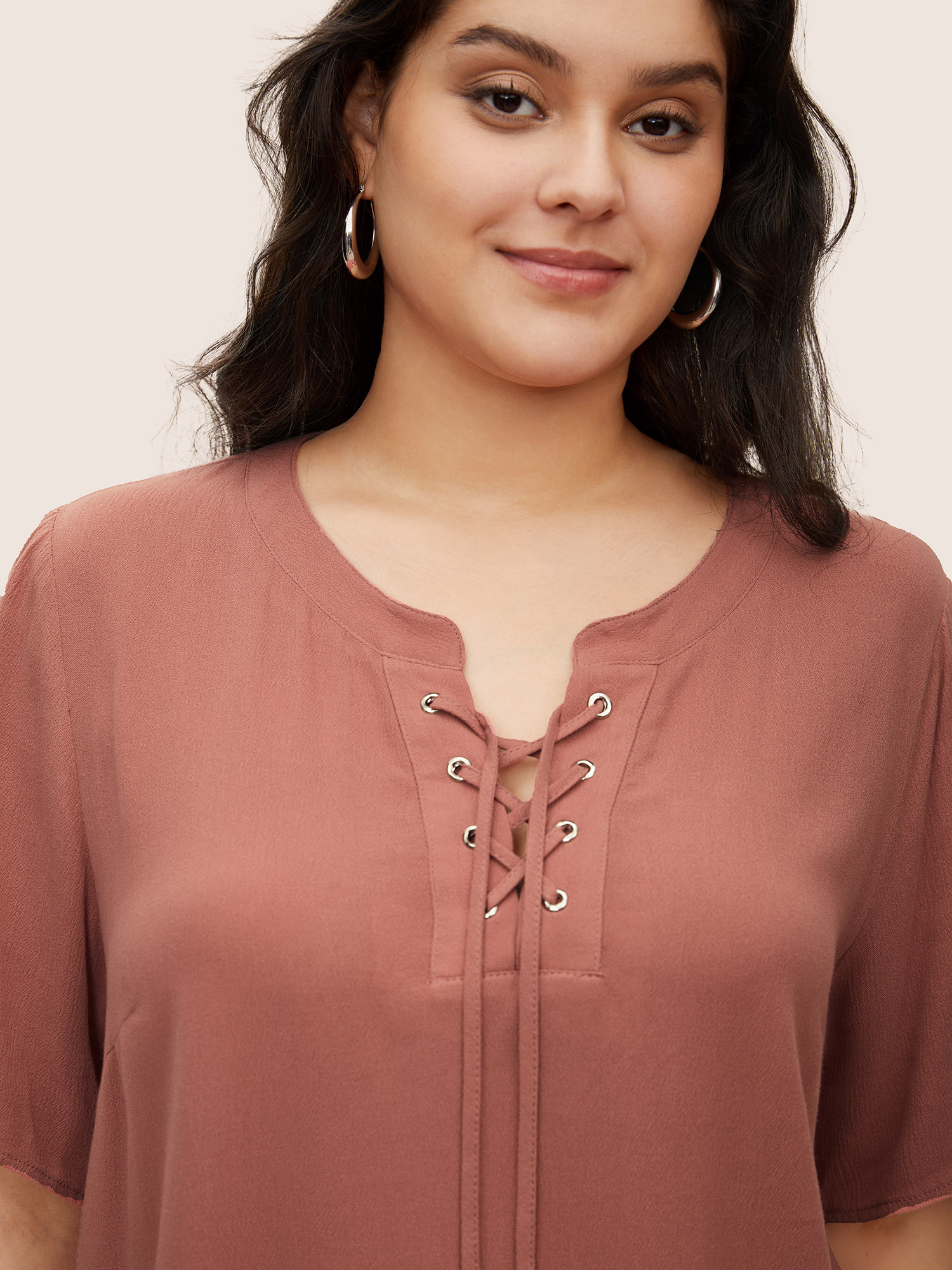 Plus Size Rouge Rayon Plain Lace Up Blouse Women Casual Short sleeve Round Neck Everyday Blouses BloomChic 12/L 