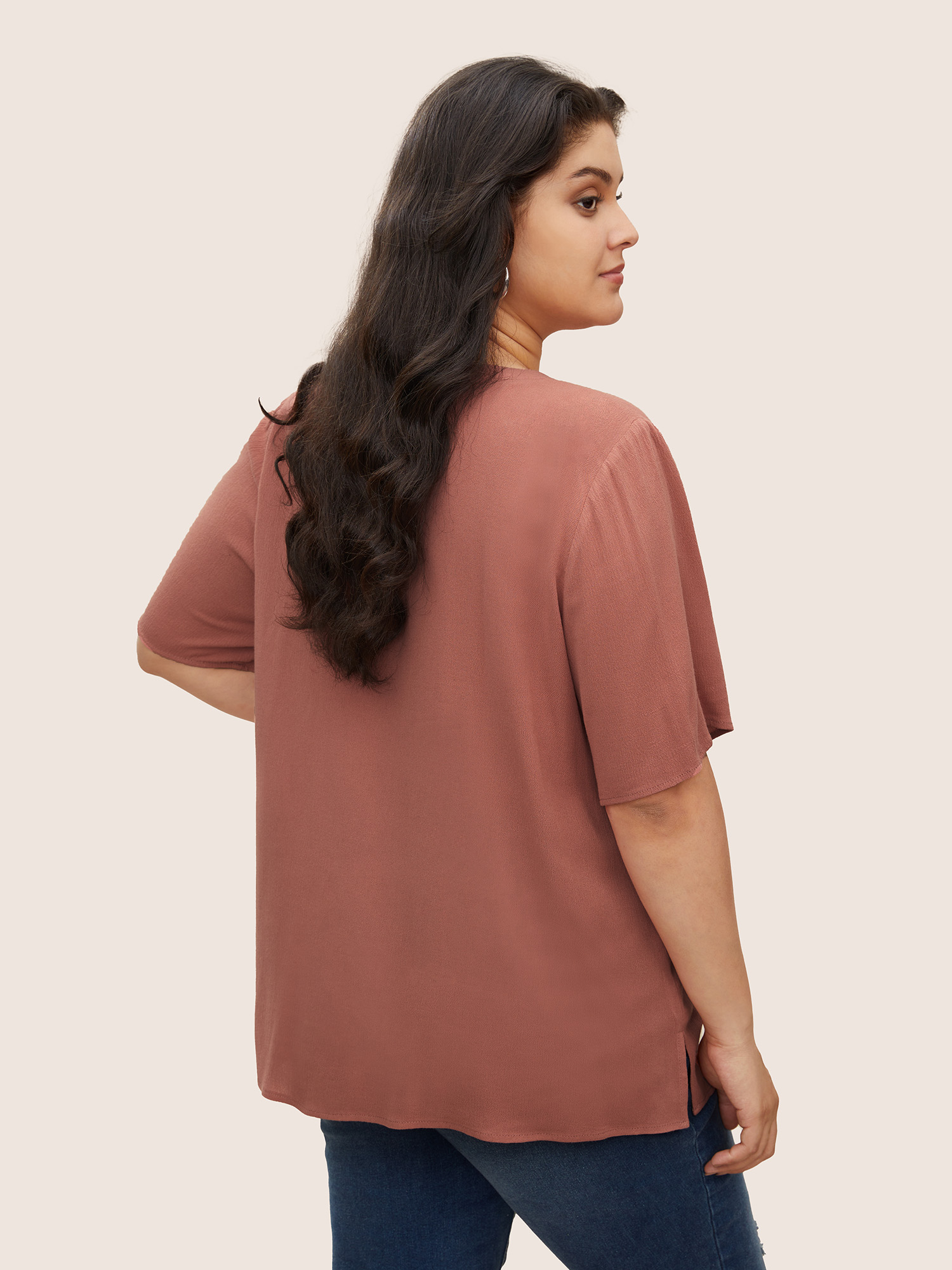 Plus Size Rouge Rayon Plain Lace Up Blouse Women Casual Short sleeve Round Neck Everyday Blouses BloomChic 12/L 
