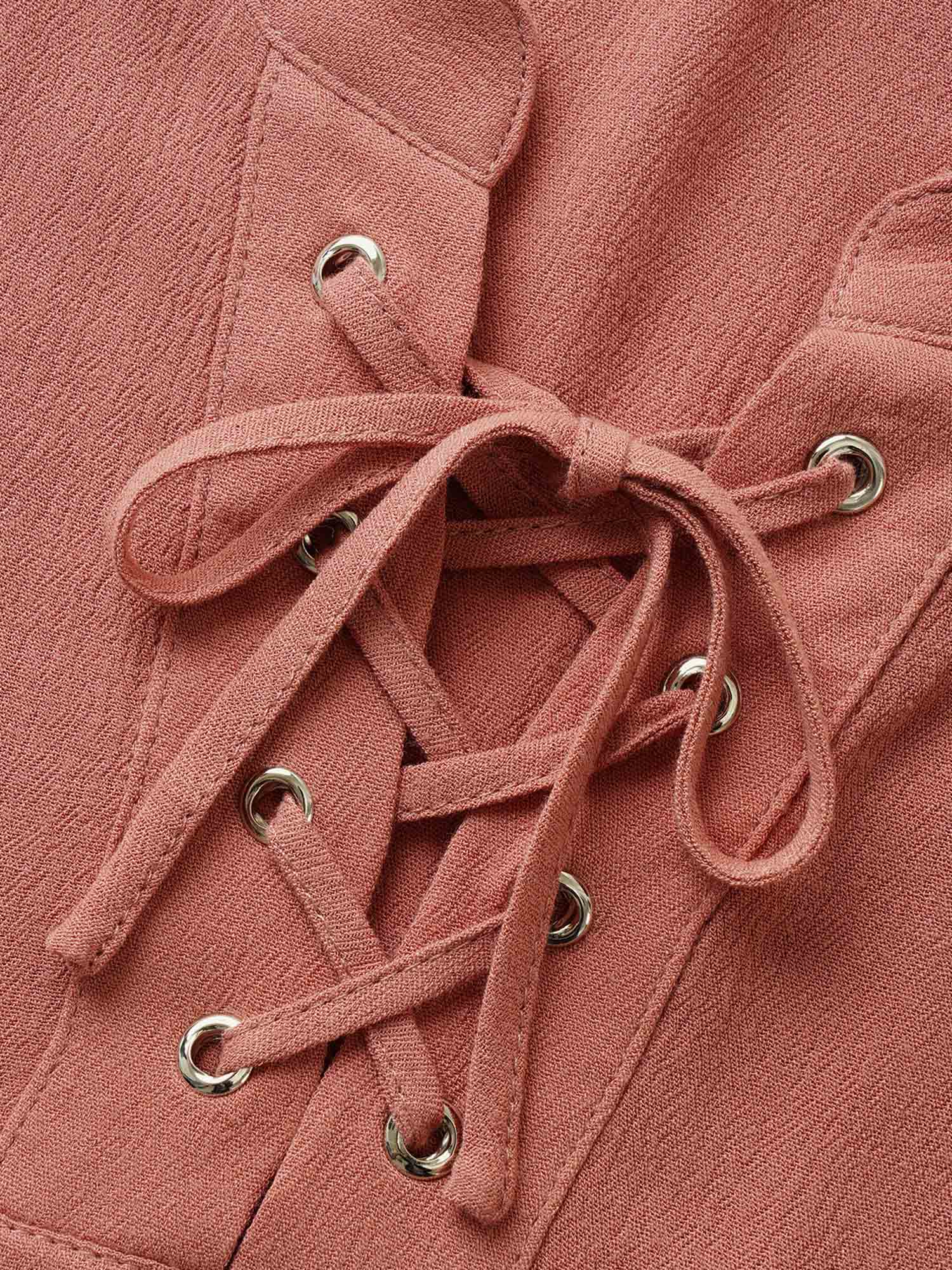 Plus Size Rouge Rayon Plain Lace Up Blouse Women Casual Short sleeve Round Neck Everyday Blouses BloomChic 12/L 