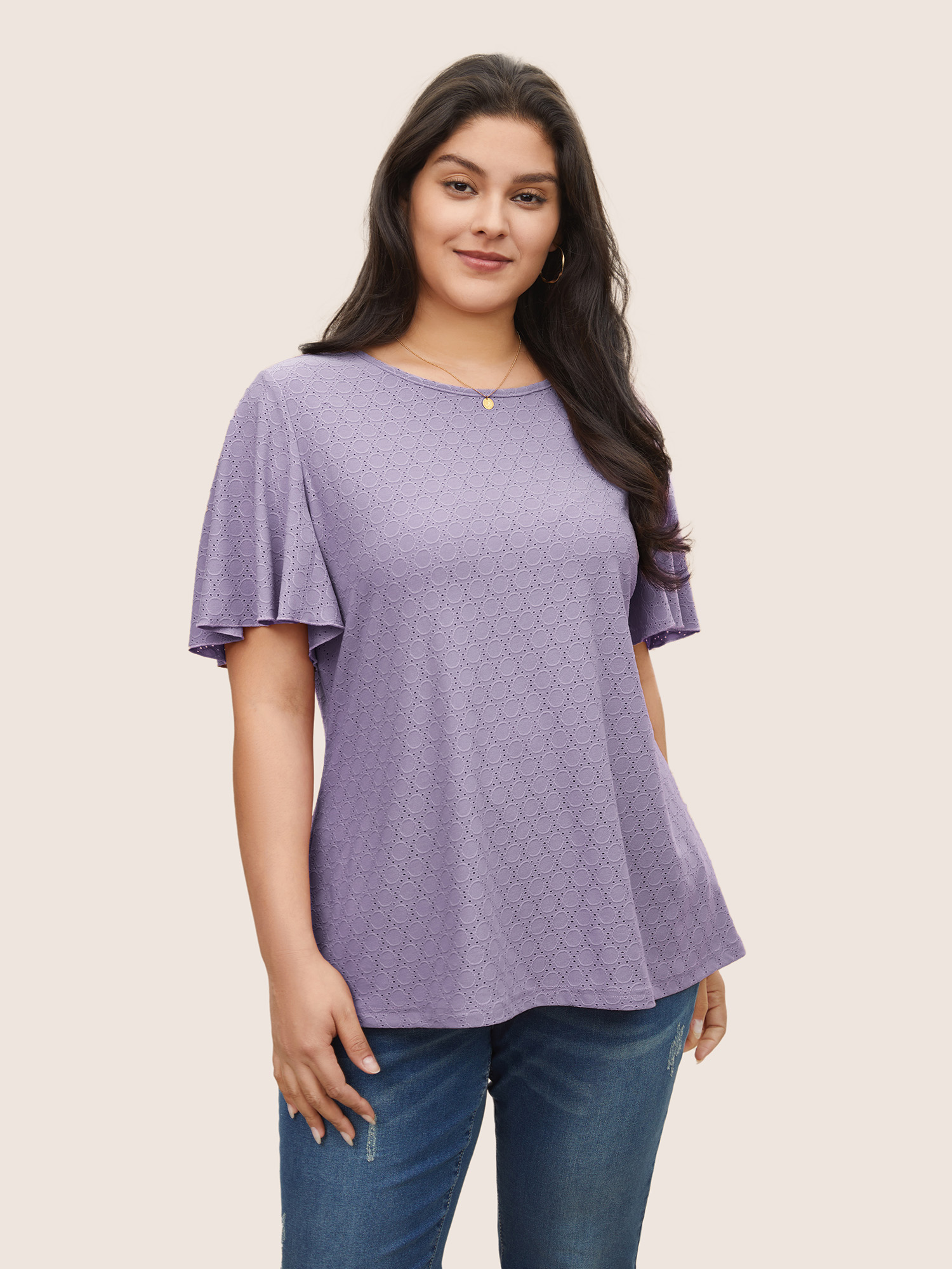 

Plus Size Plain Textured Geometric Flutter Sleeve T-shirt Lavender Women Elegant Texture Plain Round Neck Everyday T-shirts BloomChic