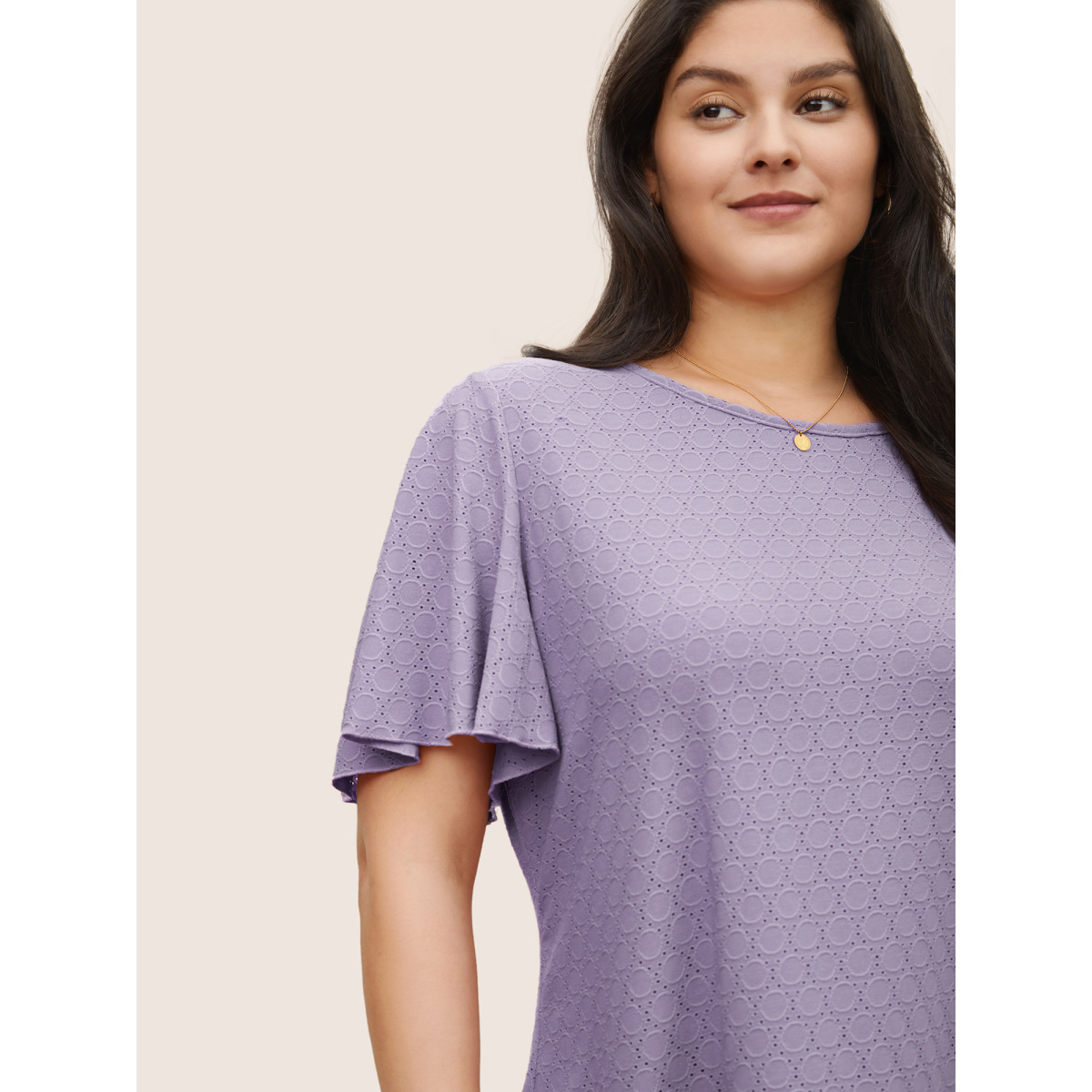 

Plus Size Plain Textured Geometric Flutter Sleeve T-shirt Lavender Women Elegant Texture Plain Round Neck Everyday T-shirts BloomChic