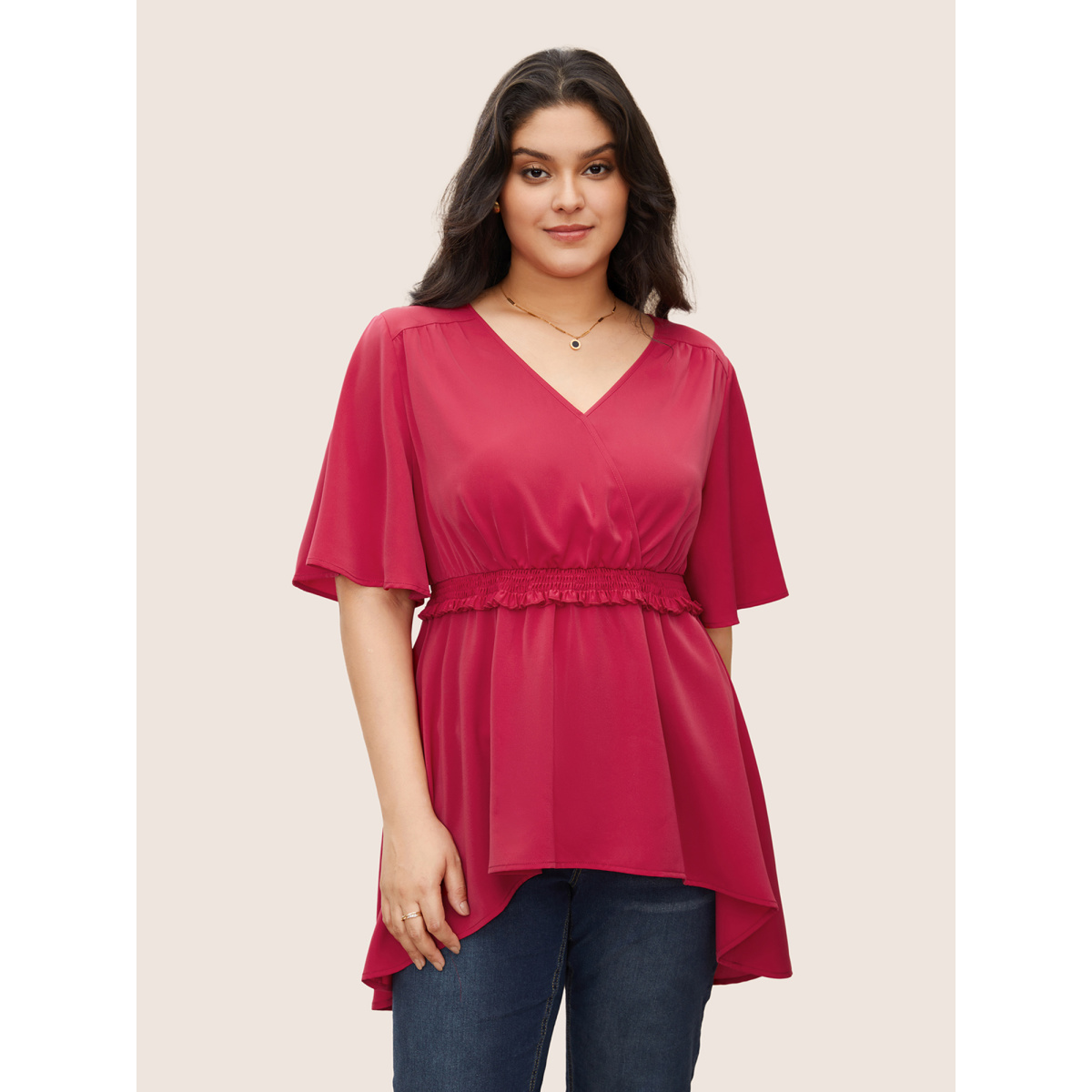 

Plus Size Red Solid Surplice Neck Shirred Frill Trim Blouse Women Elegant Short sleeve Overlap Collar Everyday Blouses BloomChic
