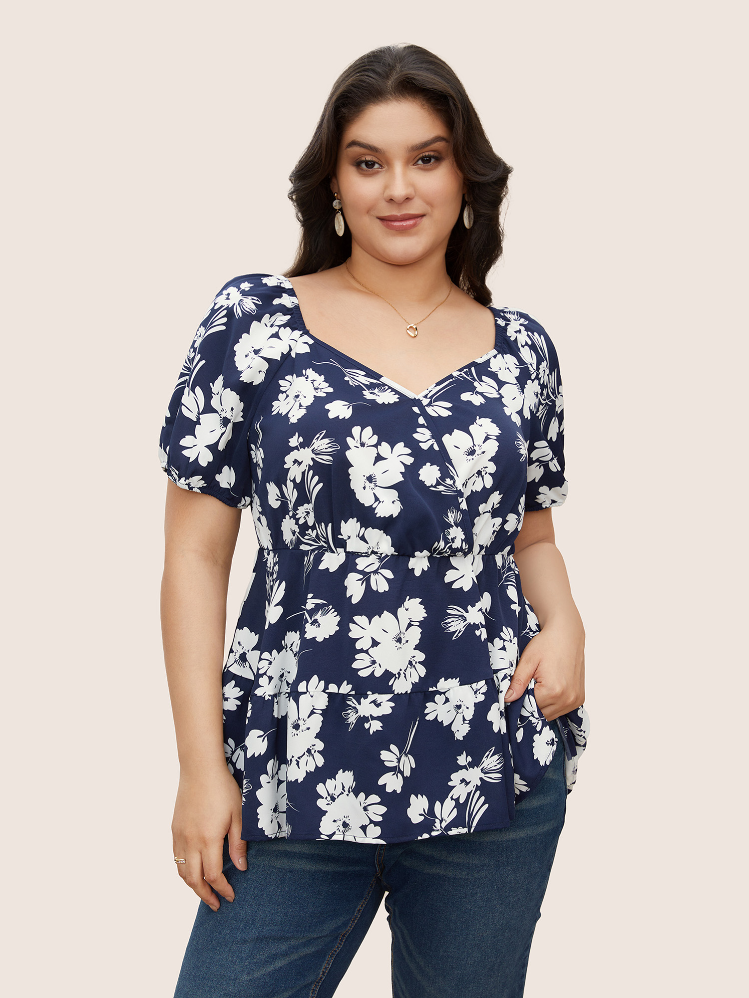 

Plus Size Indigo Silhouette Floral Print Surplice Neck Blouse Women Elegant Short sleeve Heart neckline Everyday Blouses BloomChic