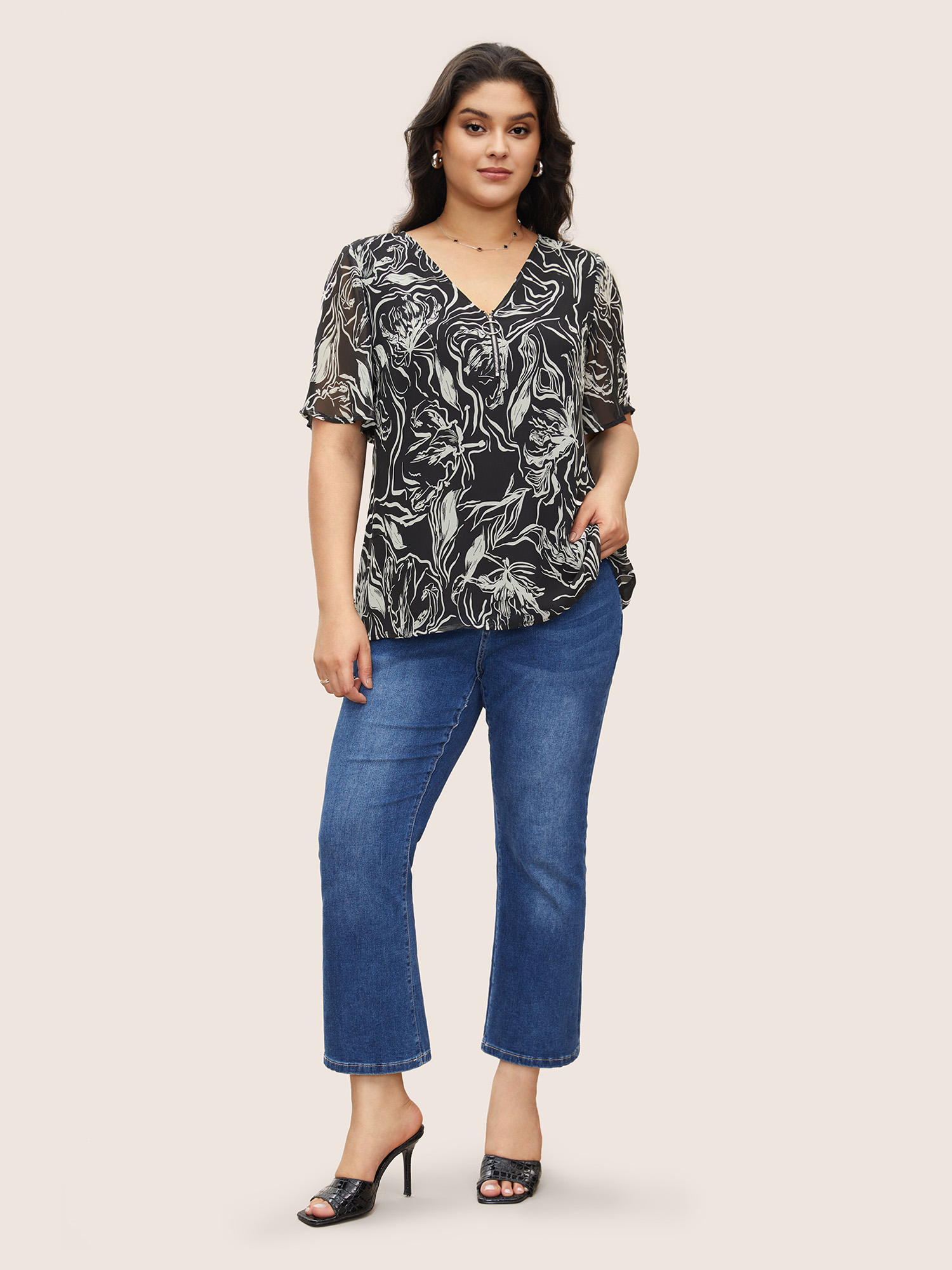 Plus Size Black Floral Half Zip Patchwork Mesh Blouse Women Elegant Short sleeve V-neck Everyday Blouses BloomChic 26/4X 