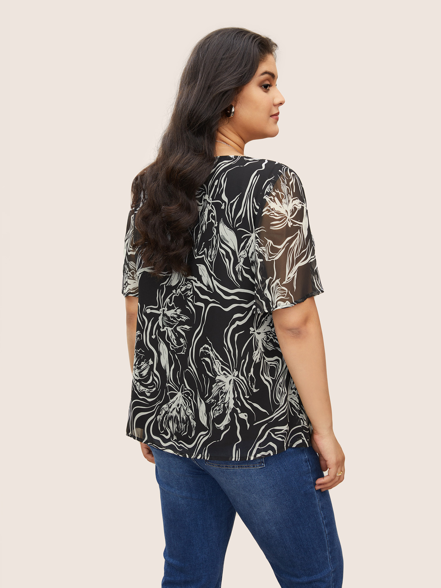Plus Size Black Floral Half Zip Patchwork Mesh Blouse Women Elegant Short sleeve V-neck Everyday Blouses BloomChic 26/4X 