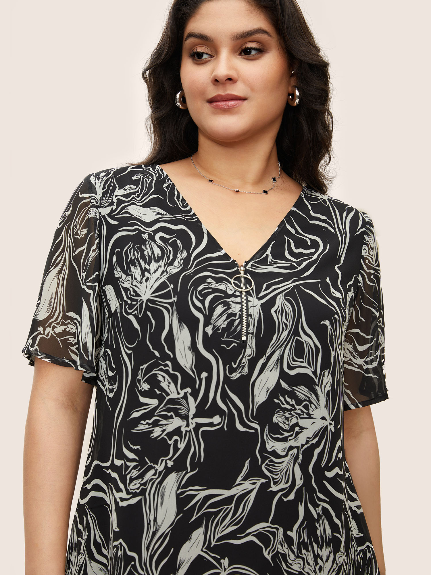 Plus Size Black Floral Half Zip Patchwork Mesh Blouse Women Elegant Short sleeve V-neck Everyday Blouses BloomChic 26/4X 