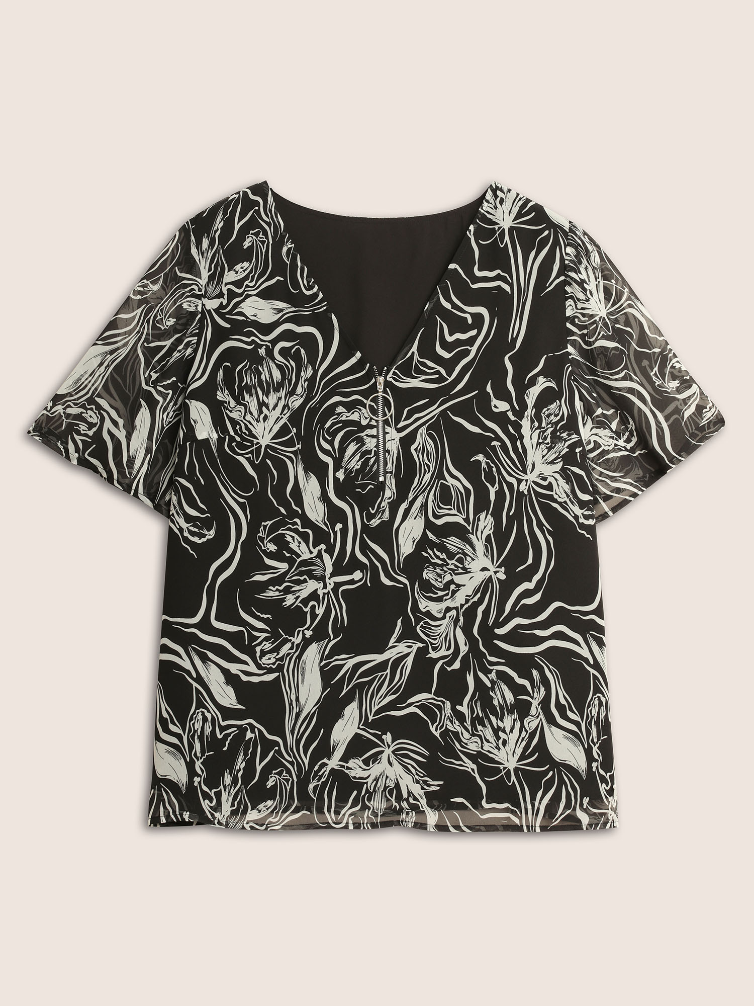Plus Size Black Floral Half Zip Patchwork Mesh Blouse Women Elegant Short sleeve V-neck Everyday Blouses BloomChic 26/4X 