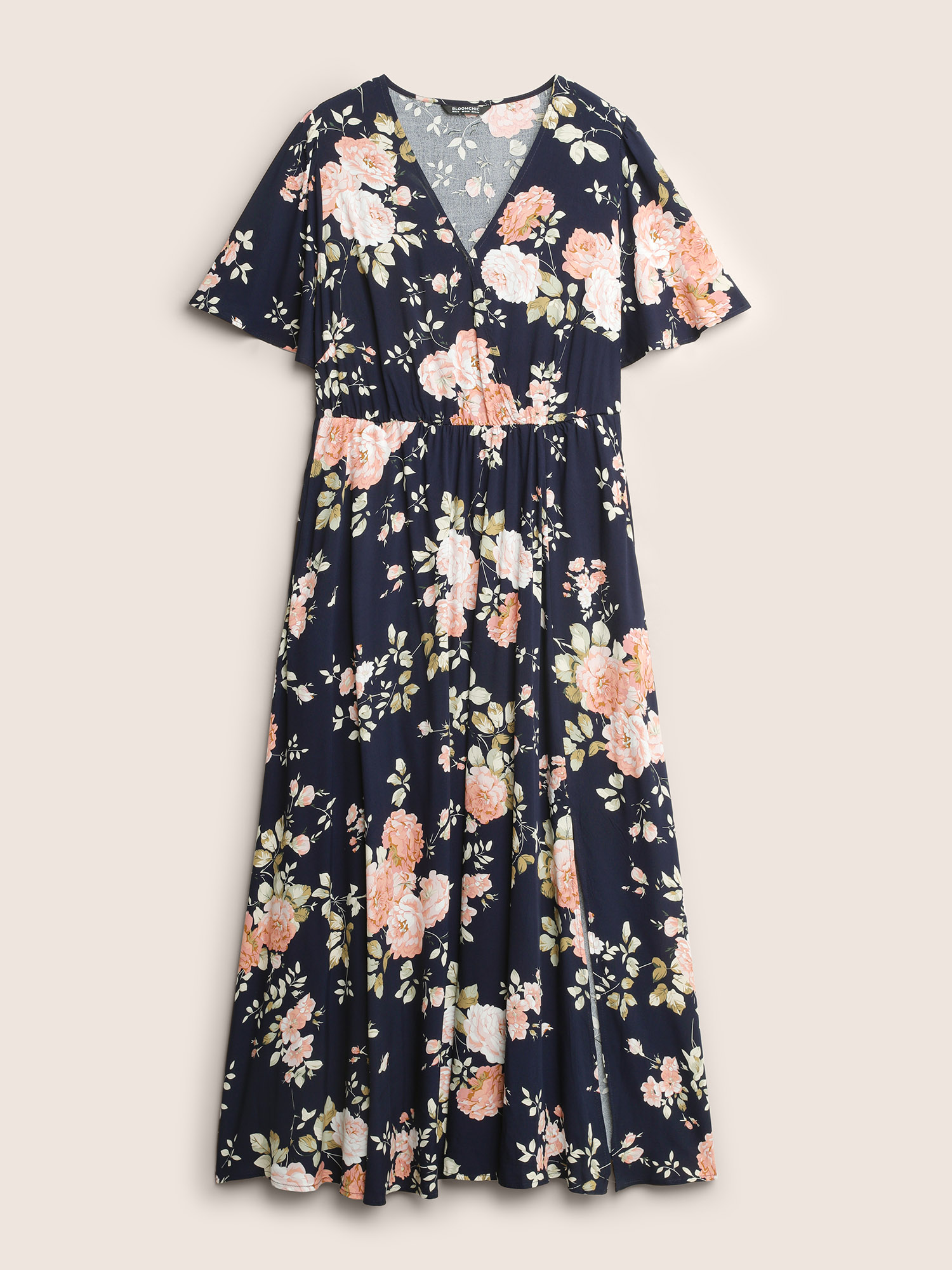 

Plus Size Bloom Dress - Flutter Sleeve Ditsy Floral Pocket Split Maxi Dress DarkBlue Women Slit V-neck Curvy Long Dress BloomChic