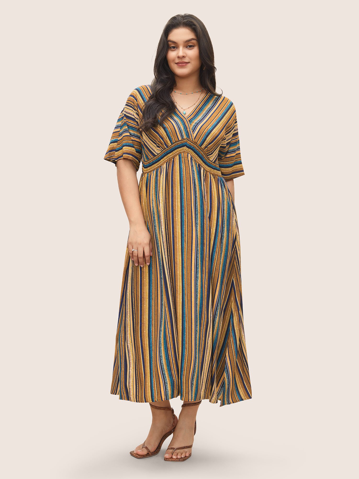 Bloomchic Striped Contrast Dolman Sleeve Shirred Pocket Split Flutter Dress In Multi
