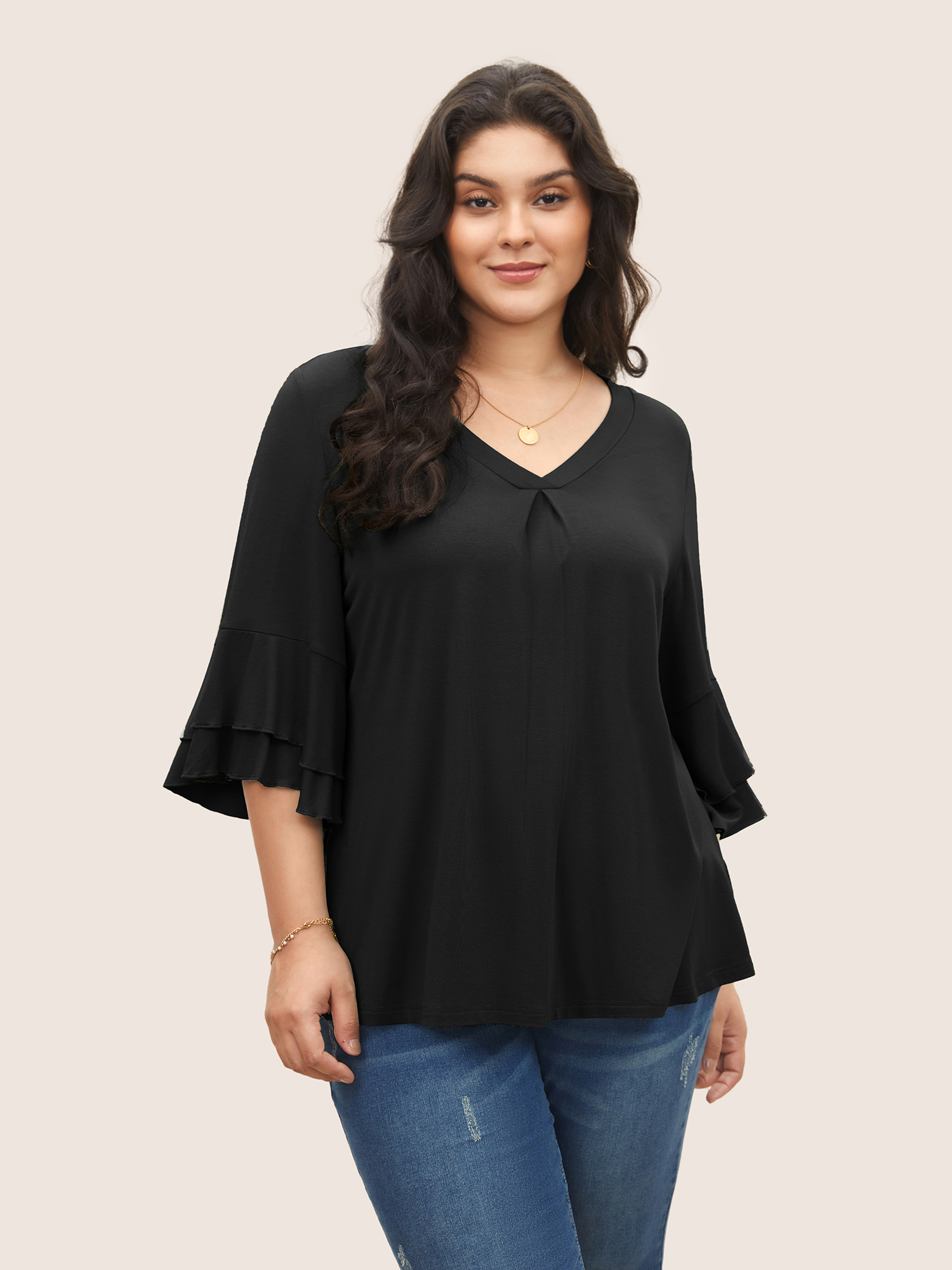 

Plus Size Supersoft Essentials Ruffle Layered Sleeve Pleated T-shirt Black Non Short sleeve Elegant Jersey Tops