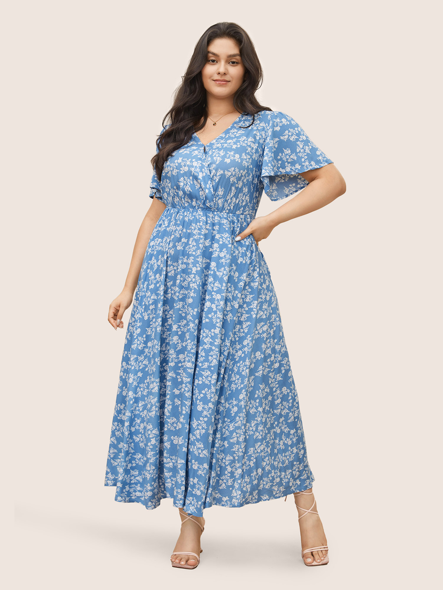 

Plus Size Bloom Dress - Flutter Sleeve Ditsy Floral Pocket Split Maxi Dress LightBlue Women Slit V-neck Curvy Long Dress BloomChic