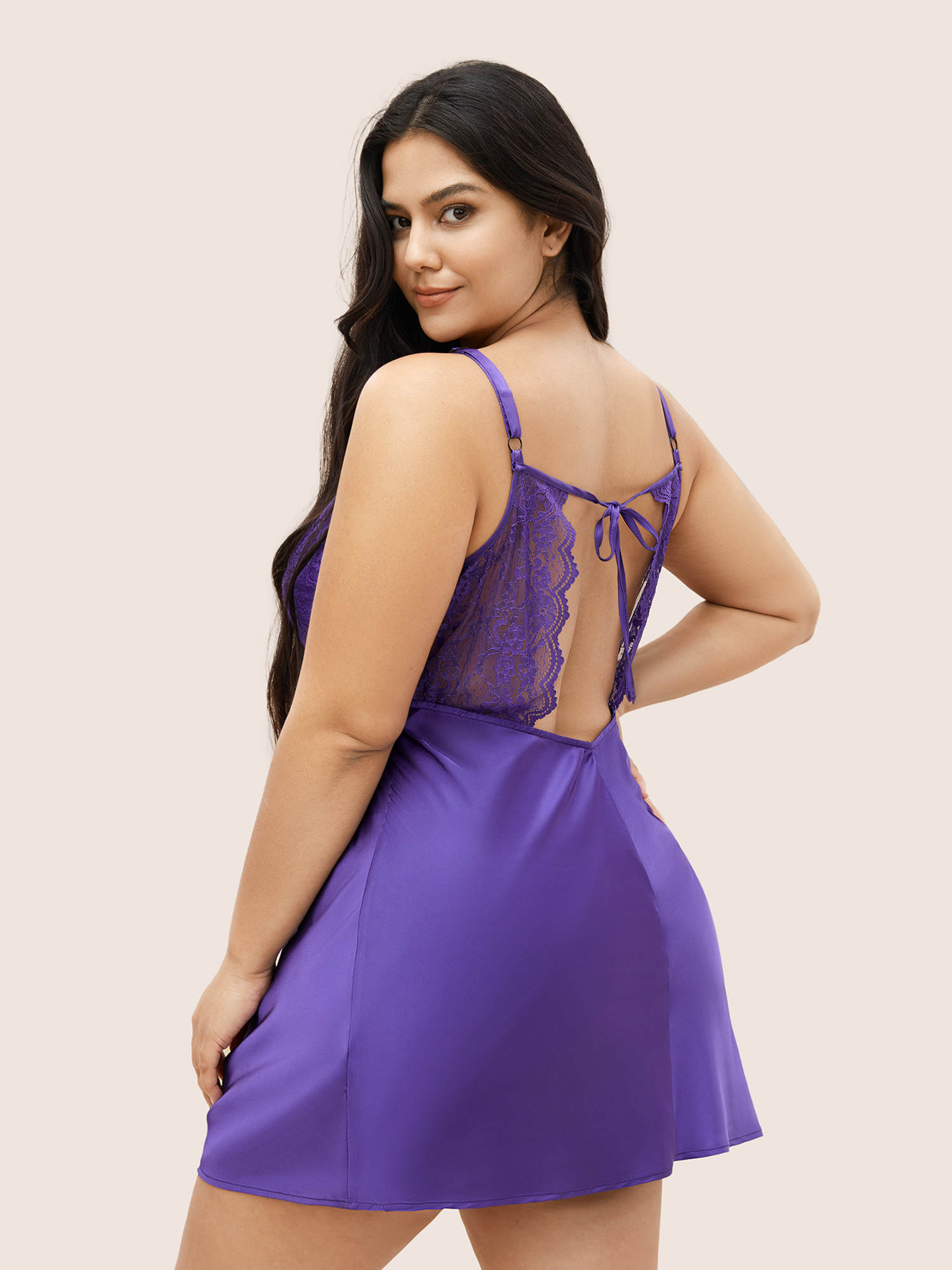 

Plus Size Satin Lace Panel Ties Knot Sleep Dress Purple Sleeveless V-neck Elegant Everyday  Bloomchic