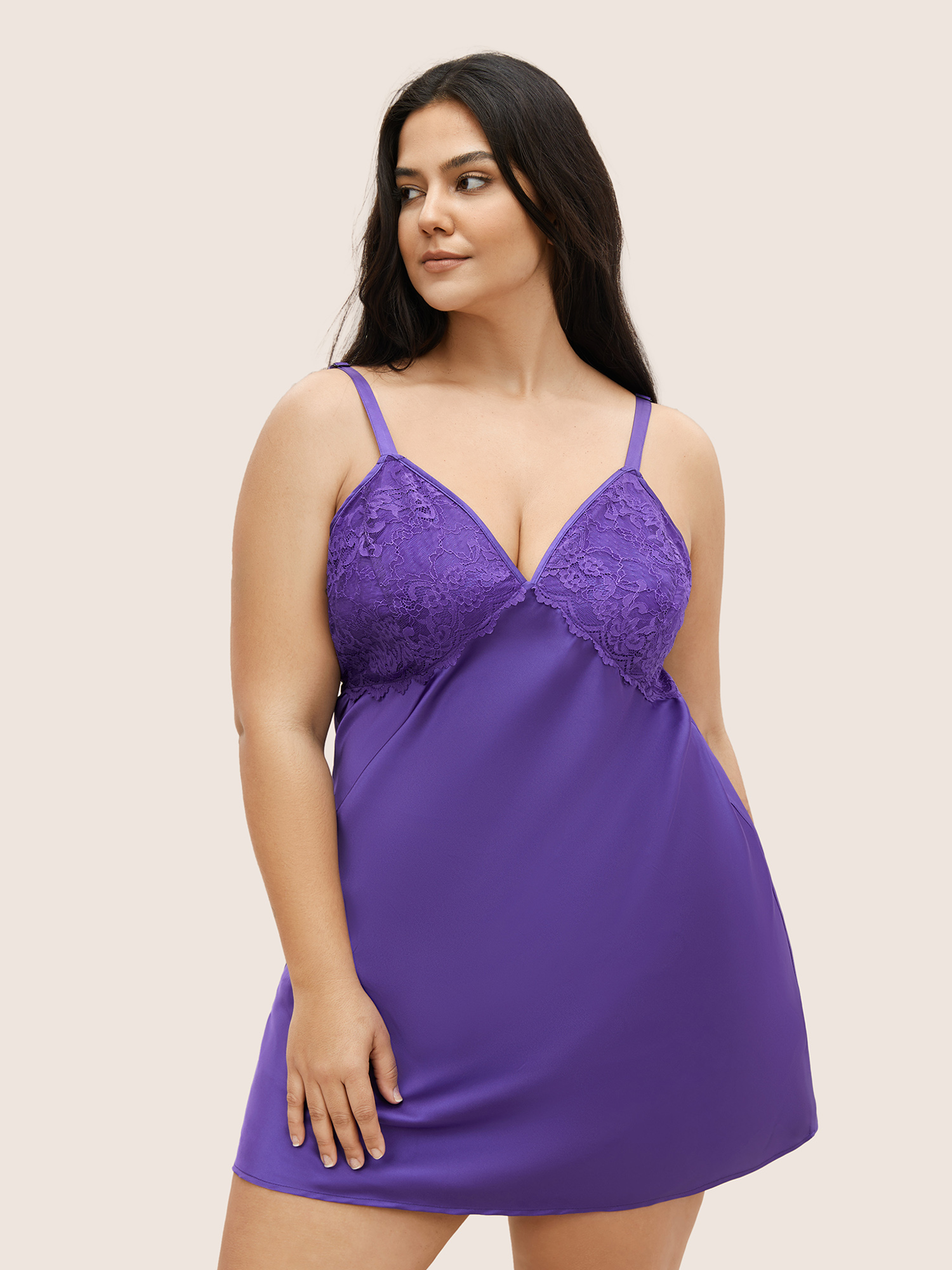 

Plus Size Satin Lace Panel Ties Knot Sleep Dress Purple Sleeveless V-neck Elegant Everyday  Bloomchic