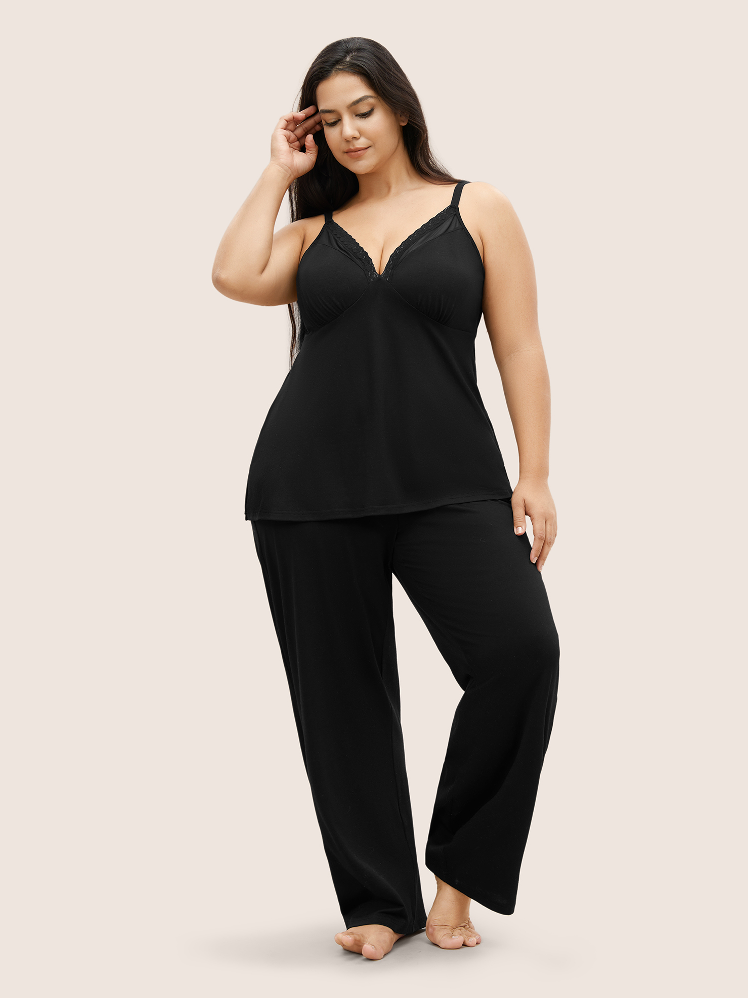 

Plus Size Solid Crochet Lace Mesh Loungewear Set Women Black Gathered Sleeveless V-neck Elegant Loungewear Sets BloomChic